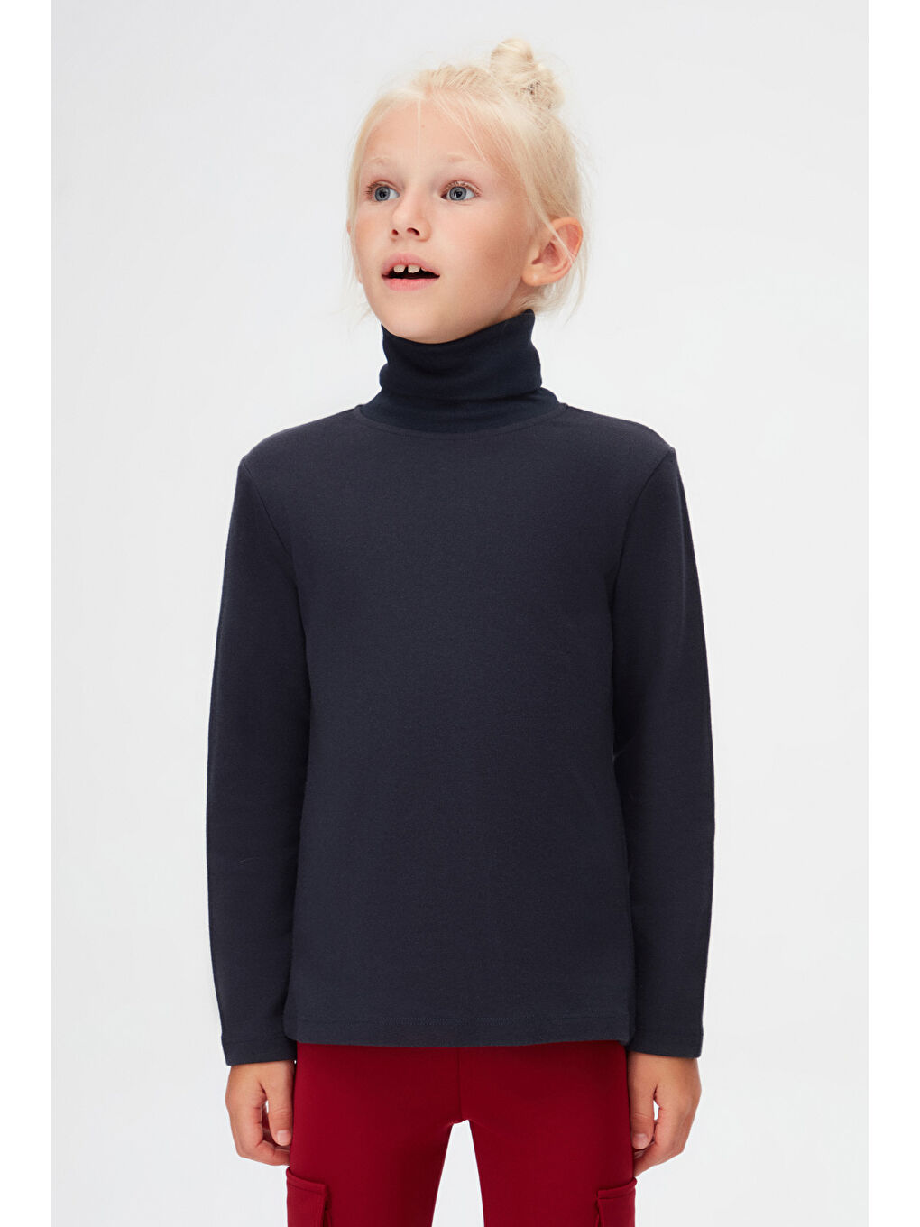 Koyu Lacivert Kız Çocuk Tam Balıkçı Uzun Kol Tişört-1