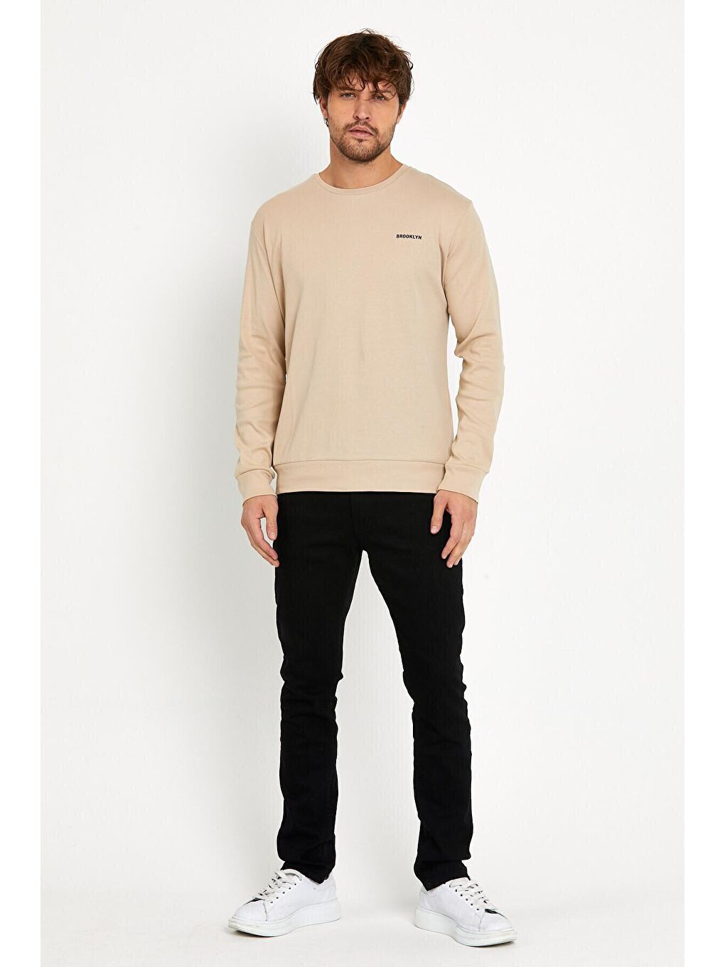 Bej Bisiklet Yaka Uzun Kollu Dar Kalıp İnce Erkek Sweatshirt SPR2019K18-1