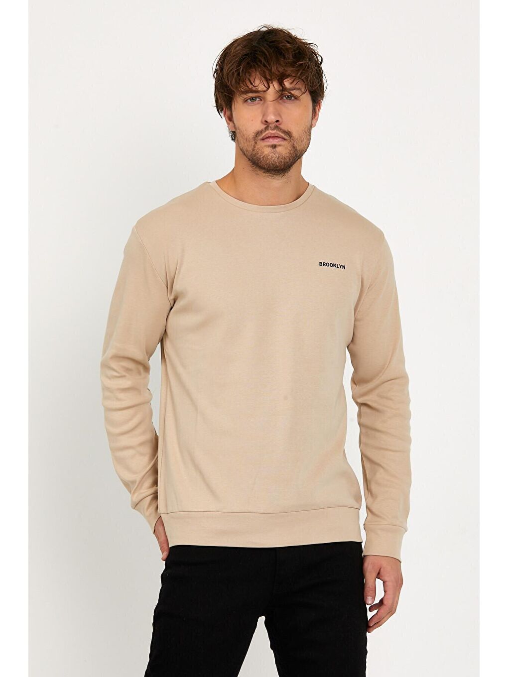 Bej Bisiklet Yaka Uzun Kollu Dar Kalıp İnce Erkek Sweatshirt SPR2019K18-2