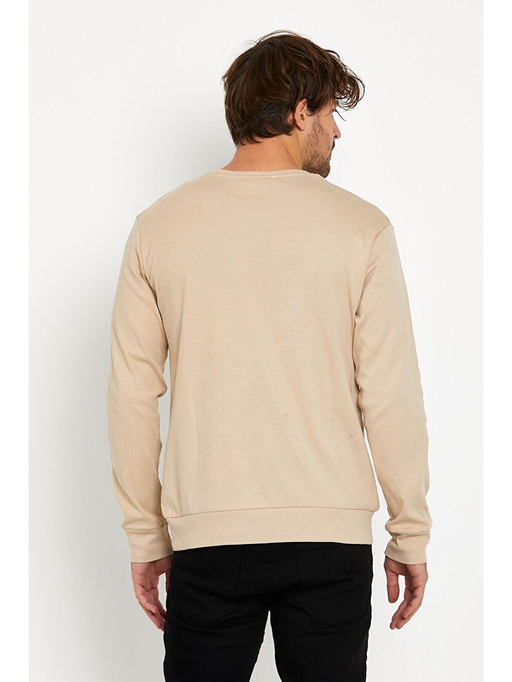 Bej Bisiklet Yaka Uzun Kollu Dar Kalıp İnce Erkek Sweatshirt SPR2019K18-3