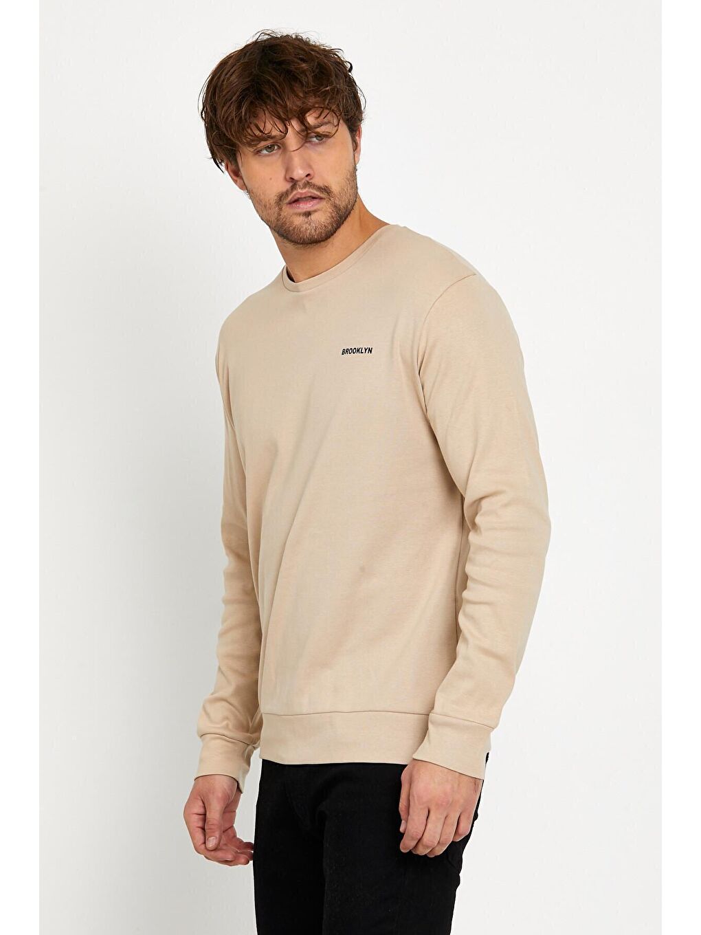 Bej Bisiklet Yaka Uzun Kollu Dar Kalıp İnce Erkek Sweatshirt SPR2019K18-4