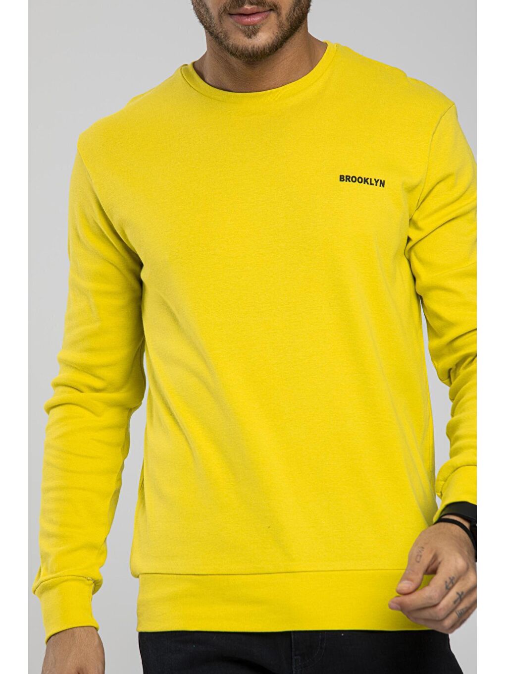 Süperlife Sarı Bisiklet Yaka Uzun Kollu Dar Kalıp İnce Erkek Sweatshirt SPR2019K18