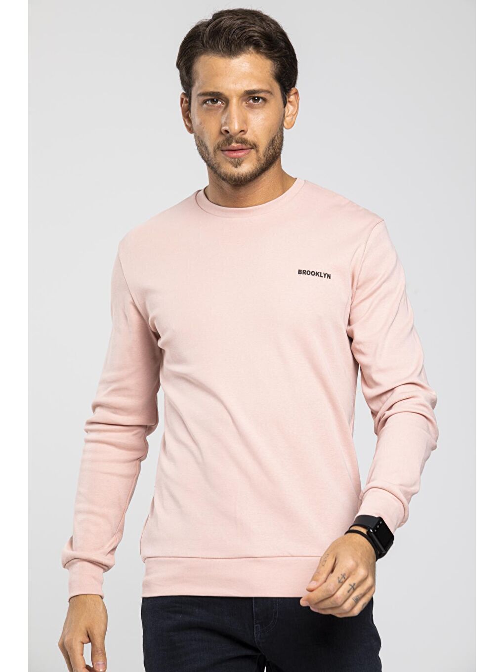 Pembe Bisiklet Yaka Uzun Kollu Dar Kalıp İnce Erkek Sweatshirt SPR2019K18-3