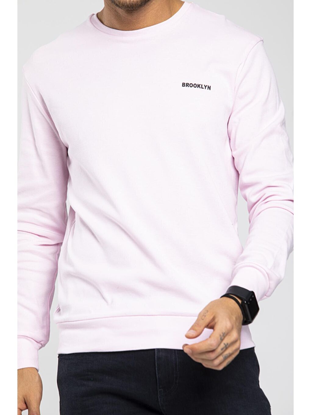 Pembe Bisiklet Yaka Uzun Kollu Dar Kalıp İnce Erkek Sweatshirt SPR2019K18