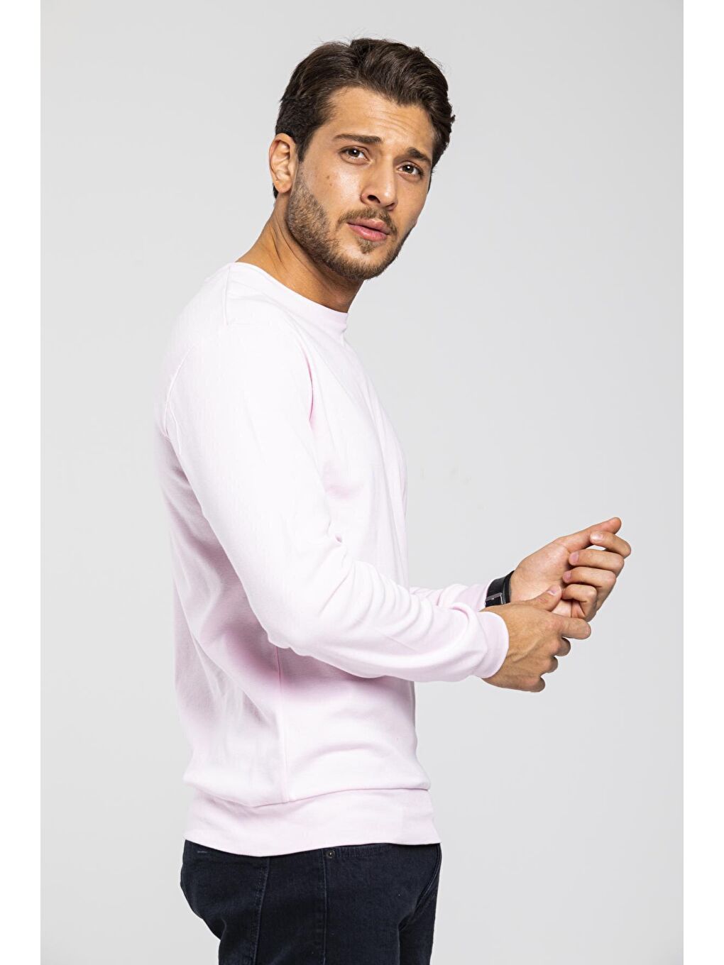 Pembe Bisiklet Yaka Uzun Kollu Dar Kalıp İnce Erkek Sweatshirt SPR2019K18-2