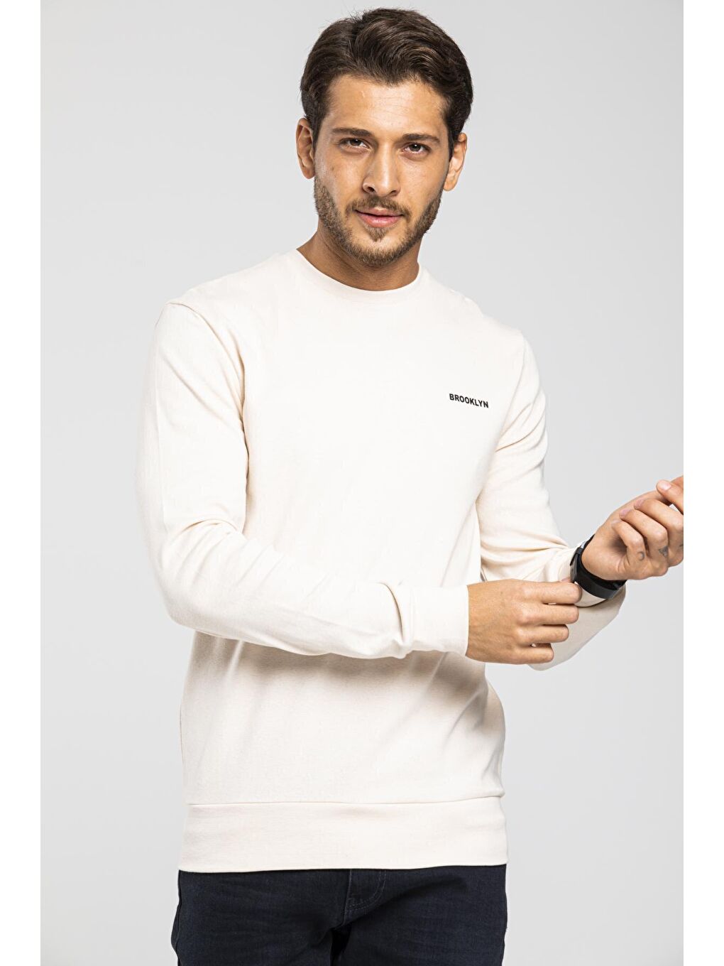 Ekru Bisiklet Yaka Uzun Kollu Dar Kalıp İnce Erkek Sweatshirt SPR2019K18-1