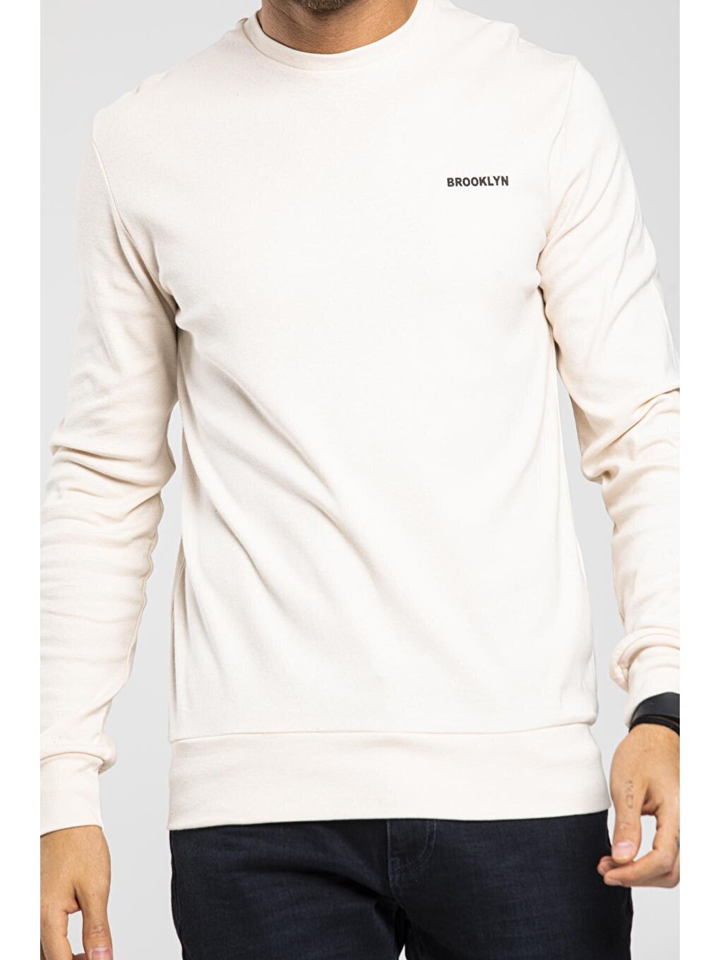 Ekru Bisiklet Yaka Uzun Kollu Dar Kalıp İnce Erkek Sweatshirt SPR2019K18-2