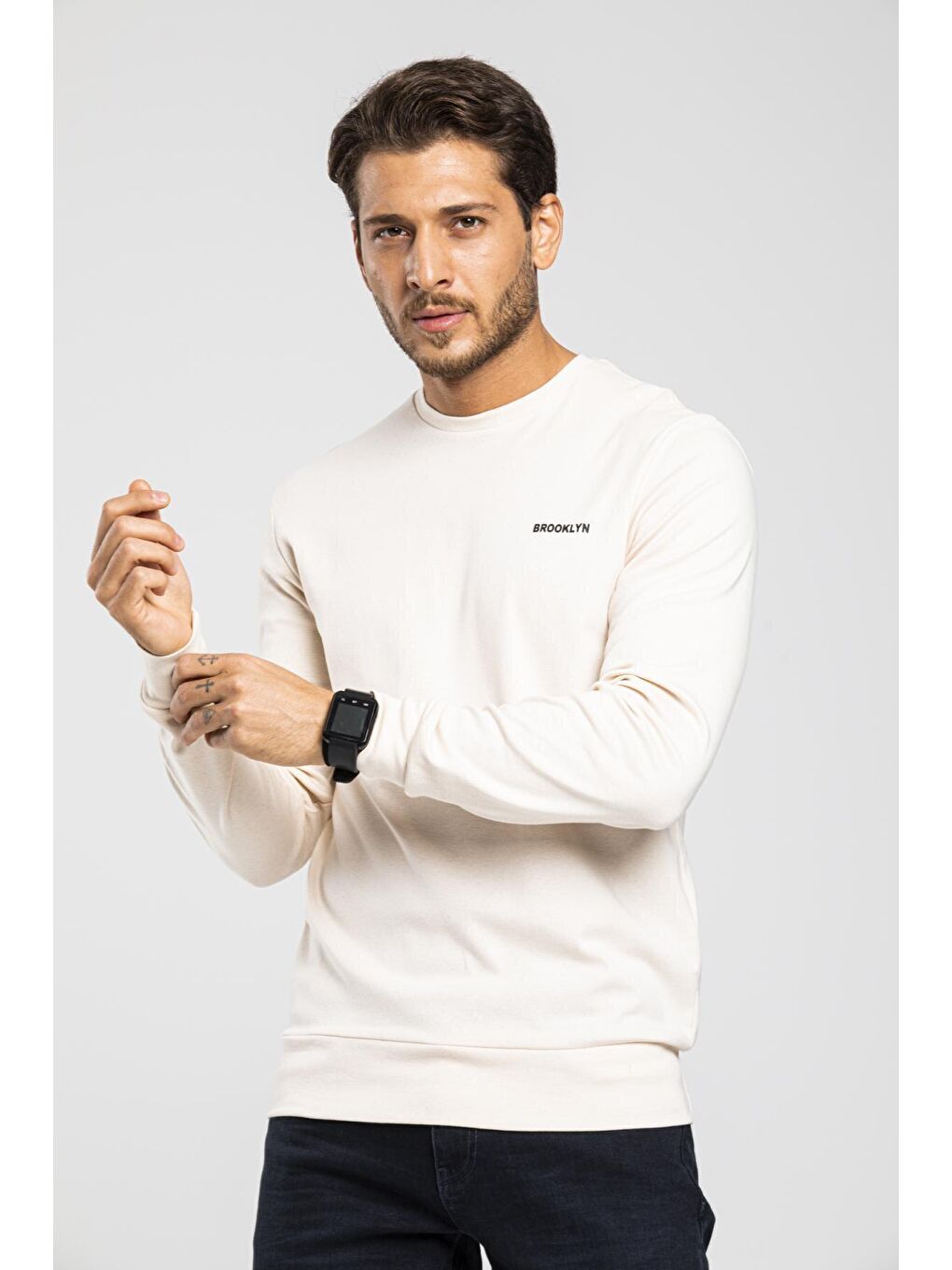 Ekru Bisiklet Yaka Uzun Kollu Dar Kalıp İnce Erkek Sweatshirt SPR2019K18-3
