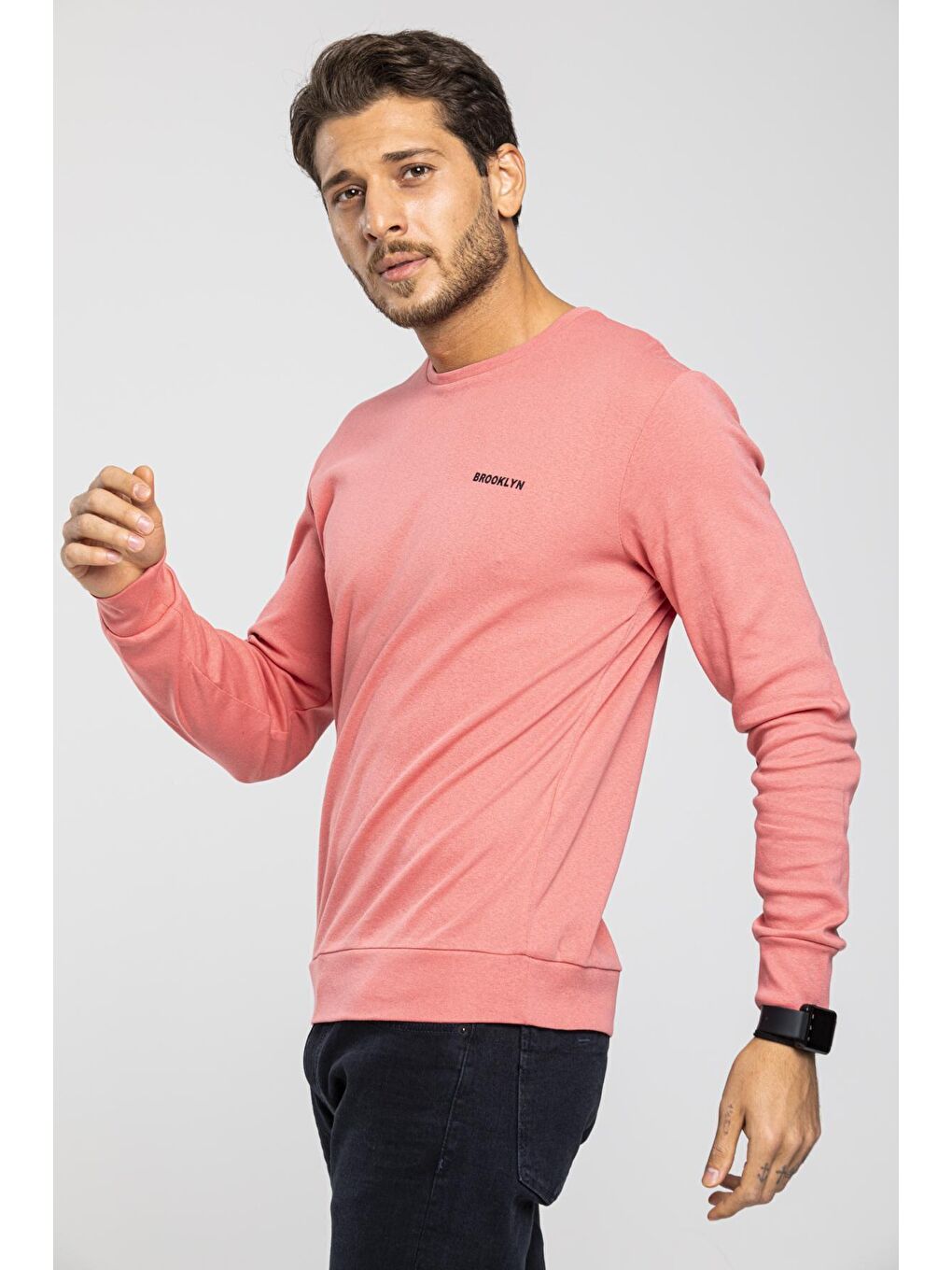 Pembe Bisiklet Yaka Uzun Kollu Dar Kalıp İnce Erkek Sweatshirt SPR2019K18-1