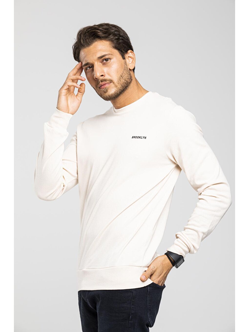 Ekru Bisiklet Yaka Uzun Kollu Dar Kalıp İnce Erkek Sweatshirt SPR2019K18-4