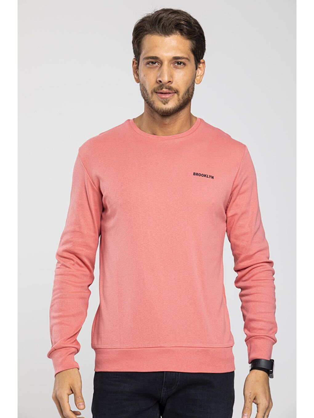 Pembe Bisiklet Yaka Uzun Kollu Dar Kalıp İnce Erkek Sweatshirt SPR2019K18-2