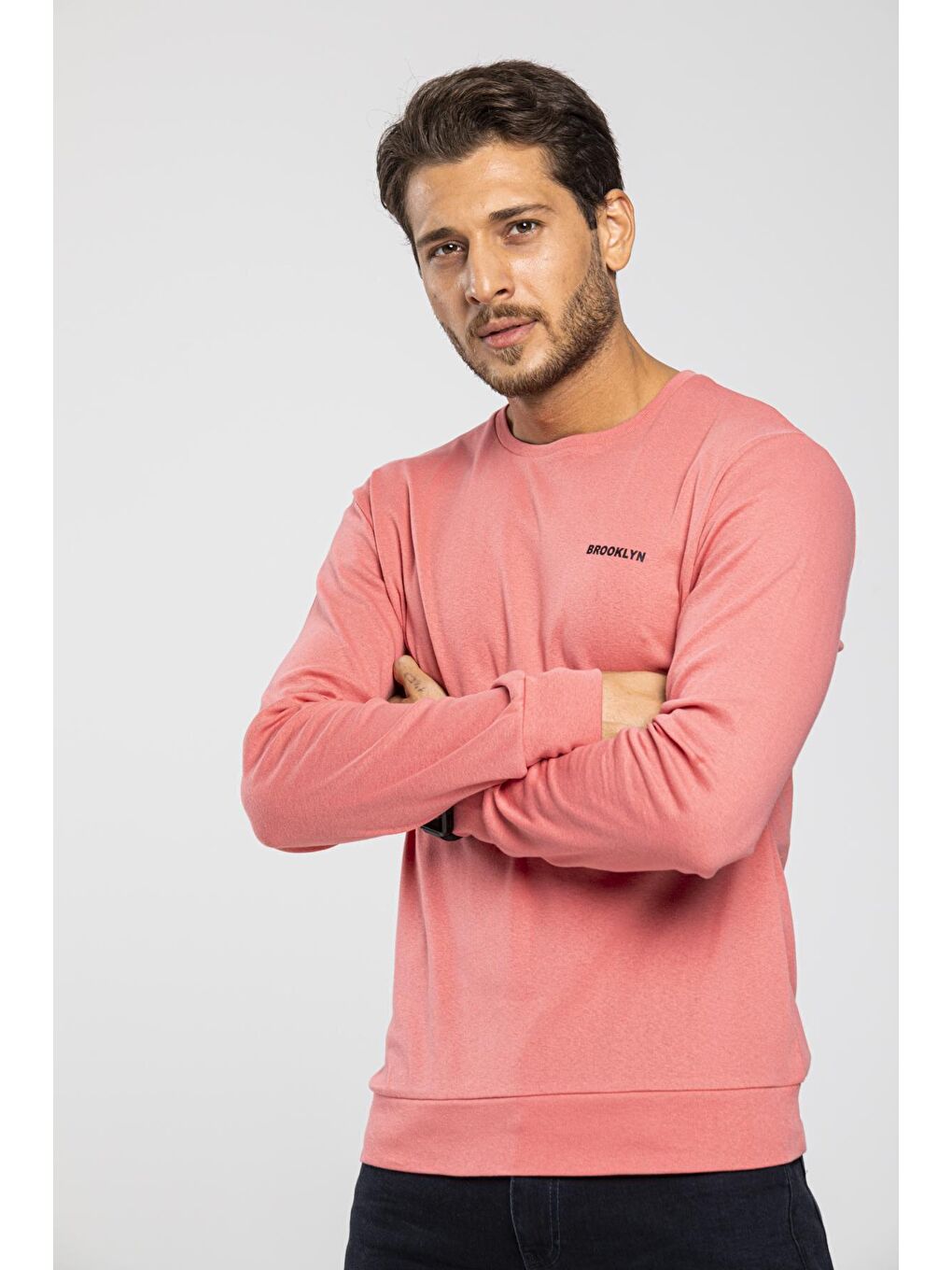 Pembe Bisiklet Yaka Uzun Kollu Dar Kalıp İnce Erkek Sweatshirt SPR2019K18-4