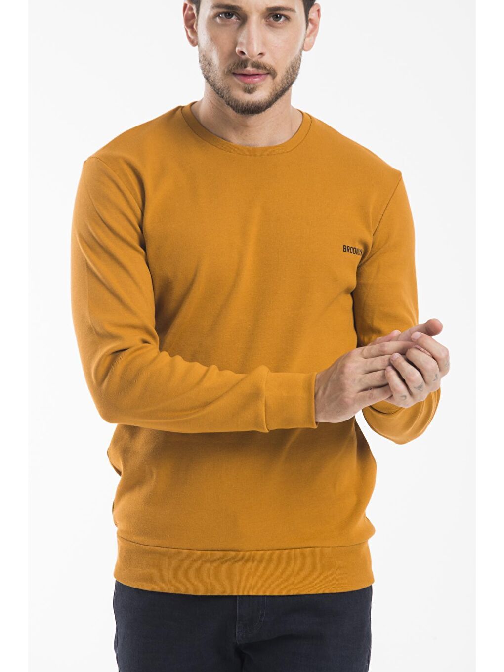 Sarı Bisiklet Yaka Uzun Kollu Dar Kalıp İnce Erkek Sweatshirt SPR2019K18-2