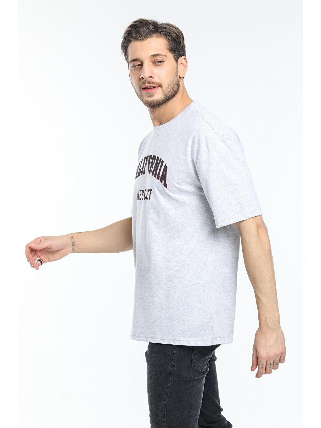 Gri Bisiklet Yaka Slim Fit California Baskılı Erkek Tişört SPR21Y22-2