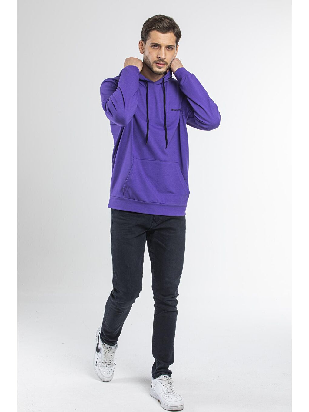 Süperlife Mor Kapüşonlu Uzun Kollu Baskılı Dar Kalıp İnce Erkek Sweatshirt SPR 2019K61 - 1