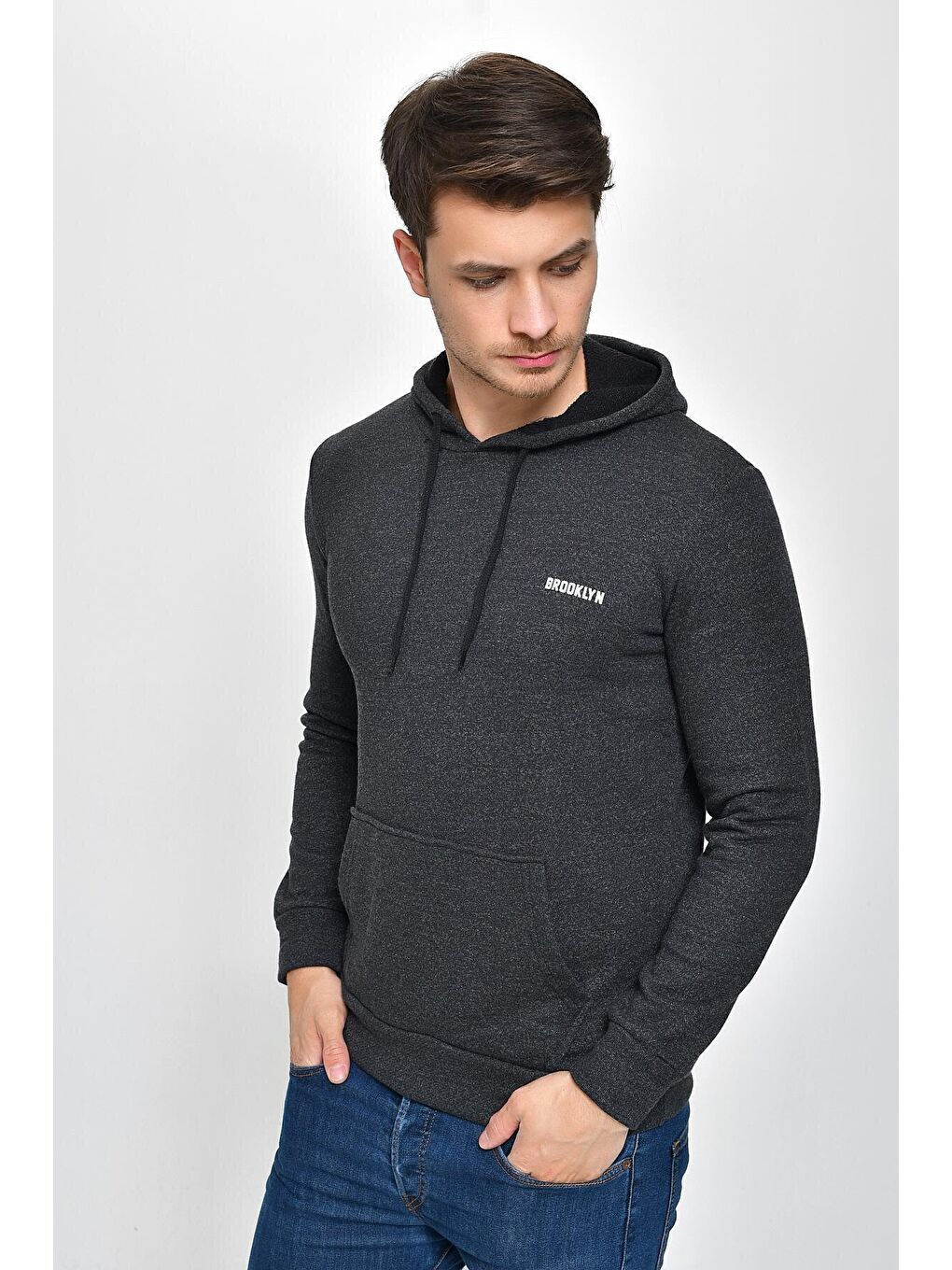 Süperlife Antrasit Kapüşonlu Uzun Kollu Baskılı Dar Kalıp İnce Erkek Sweatshirt SPR 2019K61 - 1