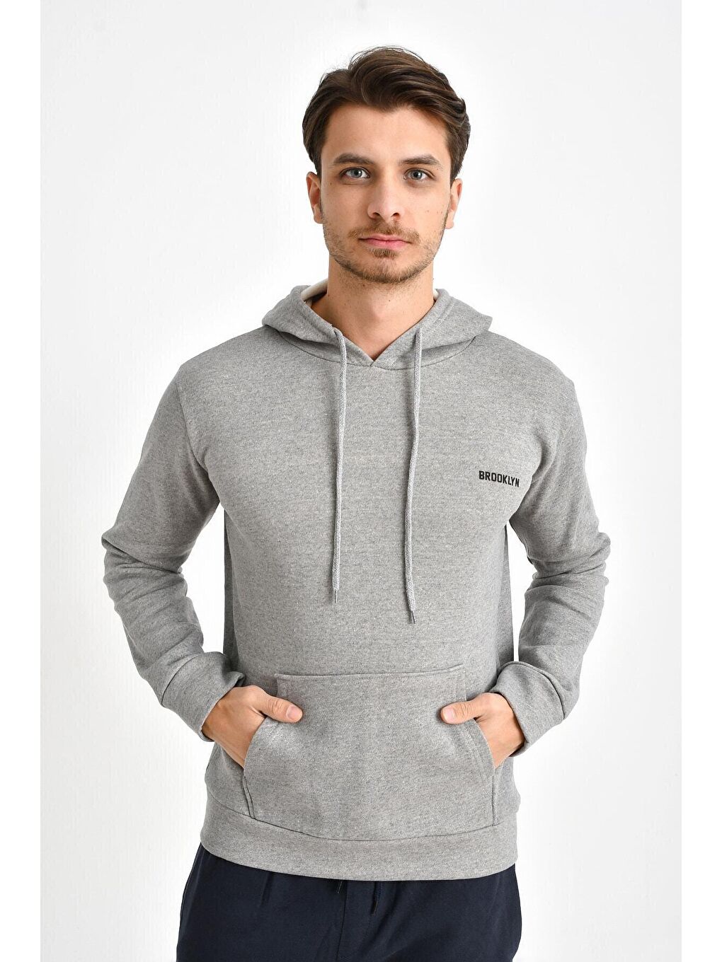 Süperlife Gri Kapüşonlu Uzun Kollu Baskılı Dar Kalıp İnce Erkek Sweatshirt SPR 2019K61