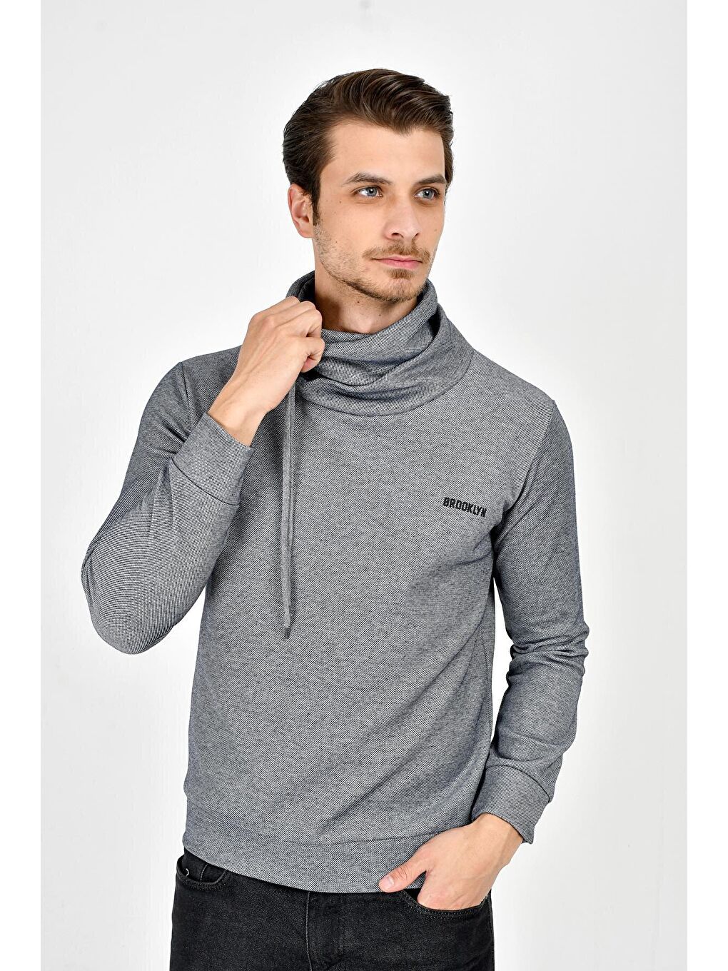 Gri Şal Yaka Uzun Kollu Dar Kalıp İnce Erkek Baskılı Sweatshirt SPR 2019K41