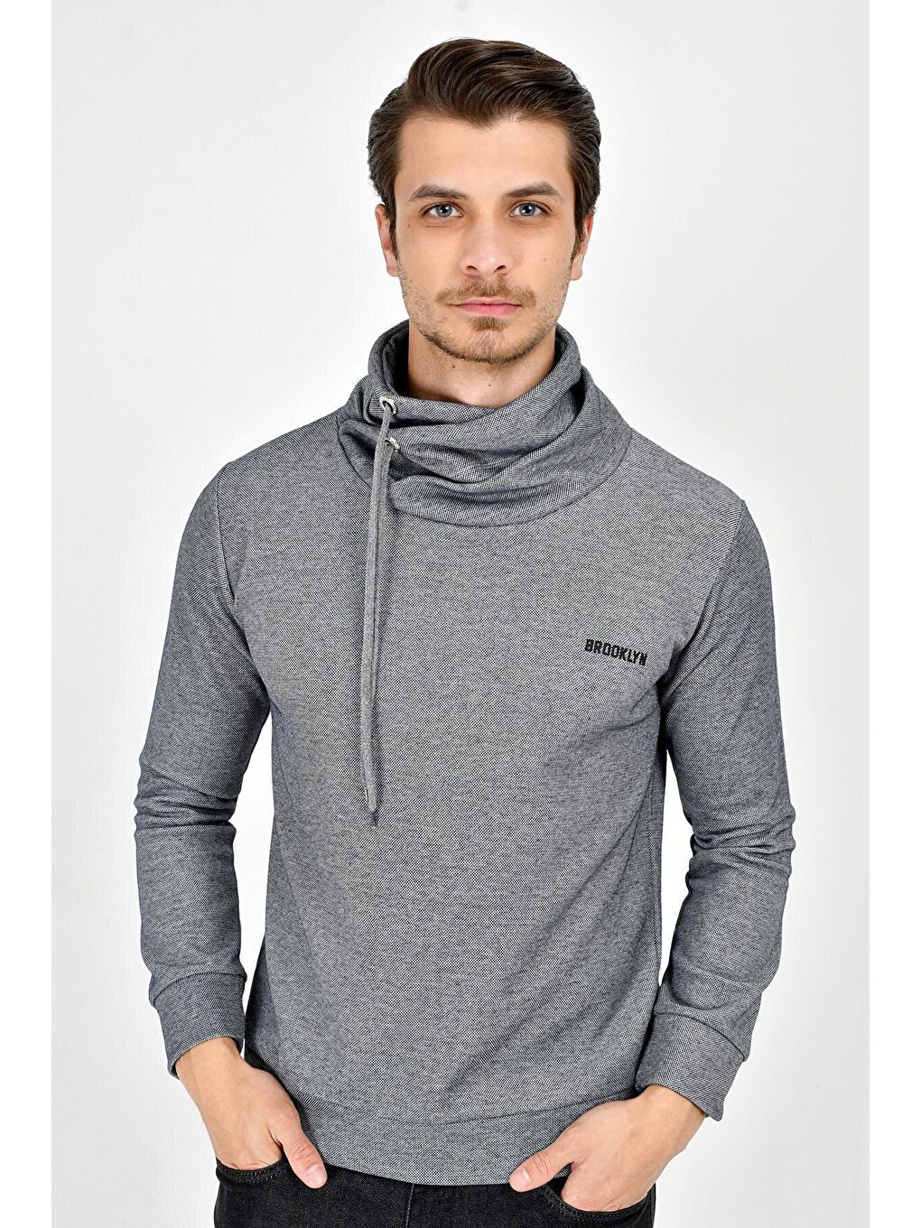 Gri Şal Yaka Uzun Kollu Dar Kalıp İnce Erkek Baskılı Sweatshirt SPR 2019K41-1