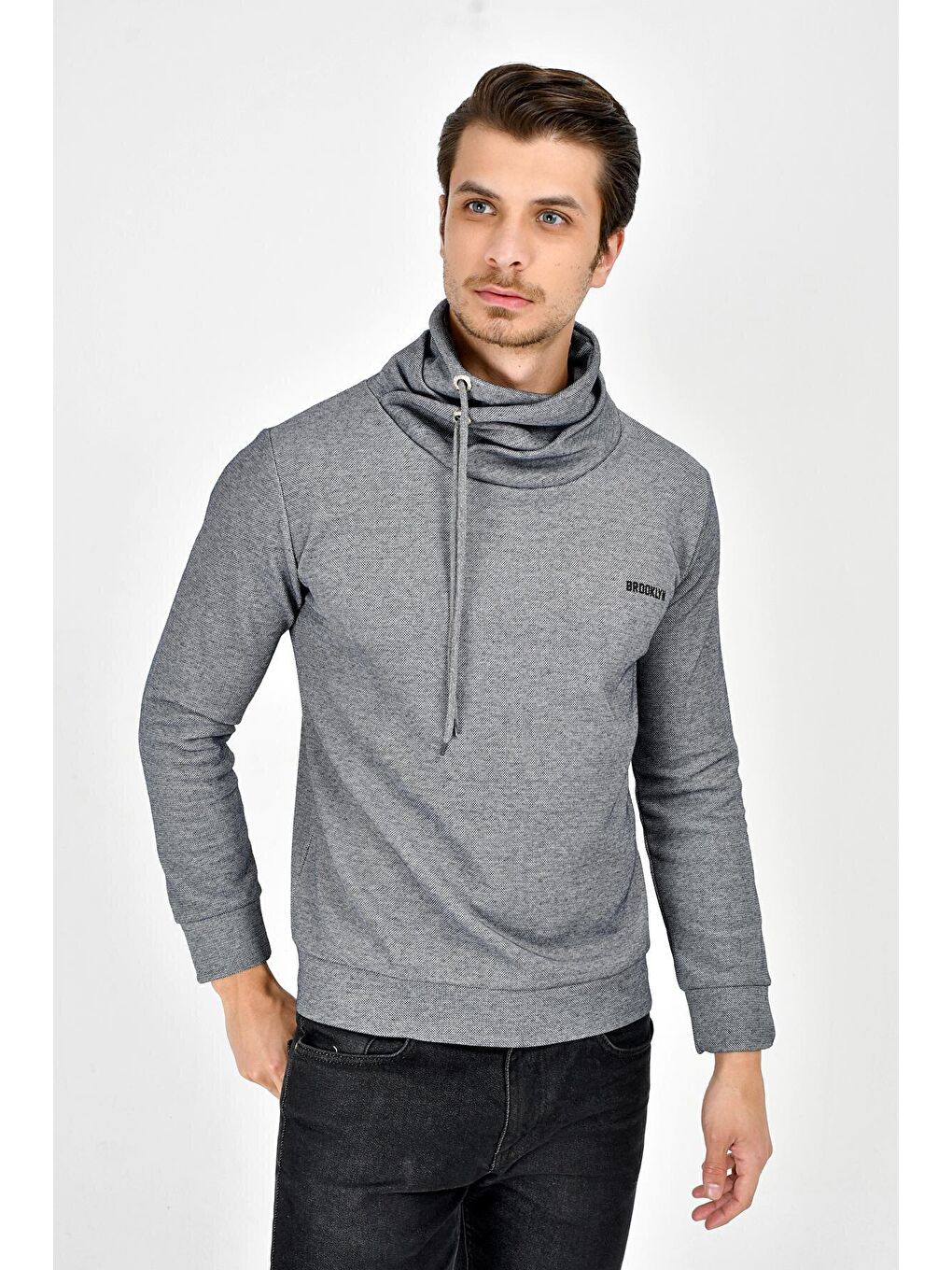 Gri Şal Yaka Uzun Kollu Dar Kalıp İnce Erkek Baskılı Sweatshirt SPR 2019K41-2