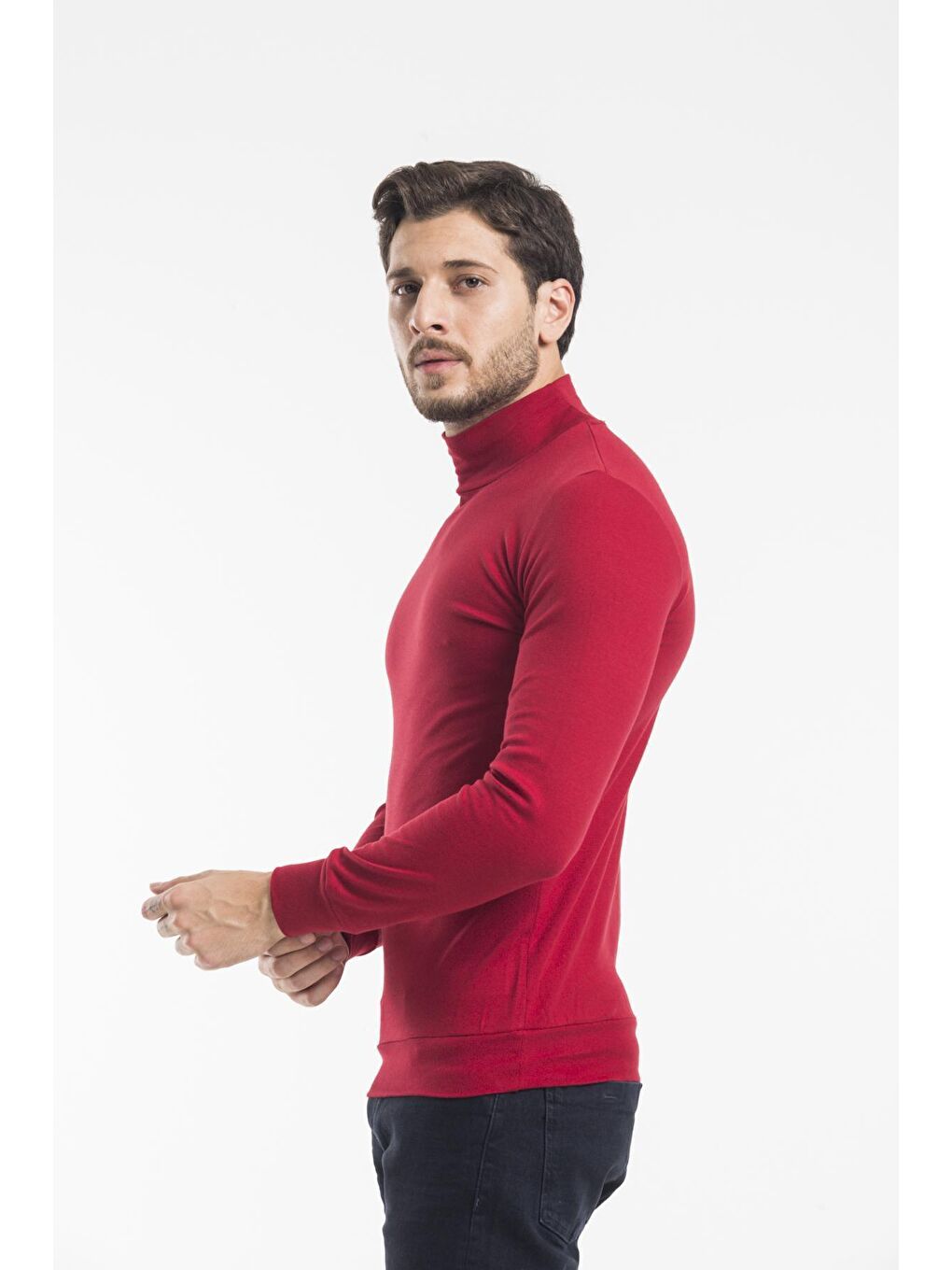 Bordo Balıkcı Yaka Uzun Kollu Dar Kalıp İnce Erkek Sweatshirt SPR 2019K21-1