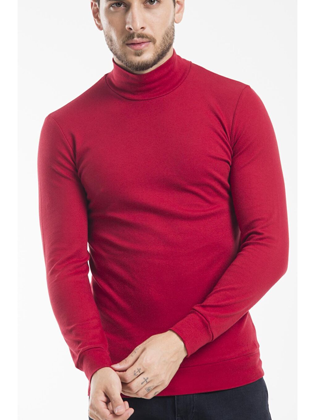 Bordo Balıkcı Yaka Uzun Kollu Dar Kalıp İnce Erkek Sweatshirt SPR 2019K21-3