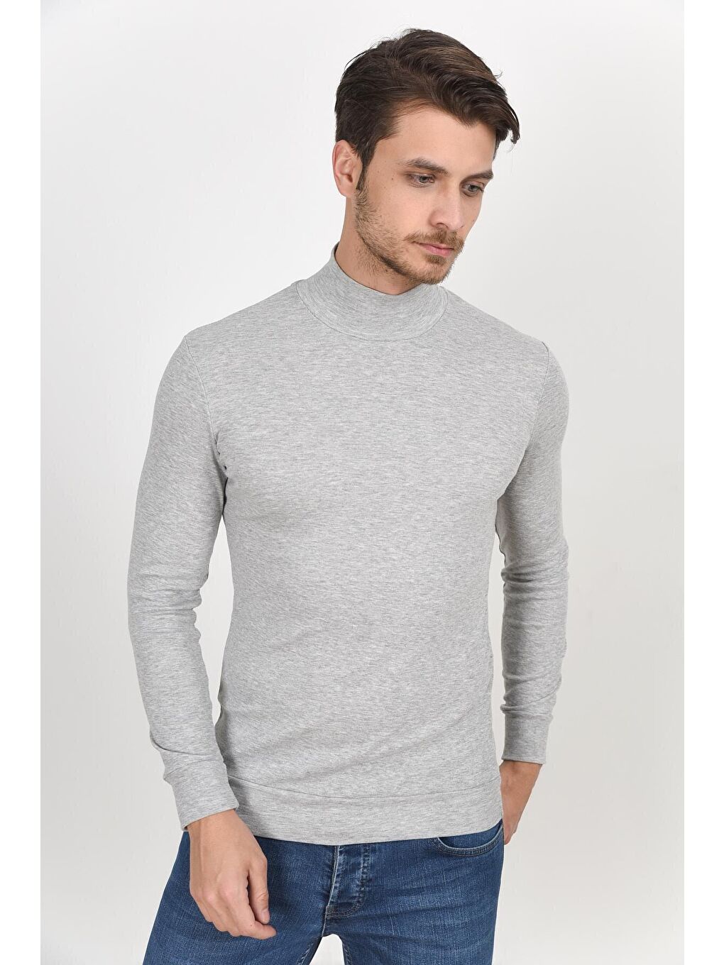 Gri Balıkcı Yaka Uzun Kollu Dar Kalıp İnce Erkek Sweatshirt SPR 2019K21