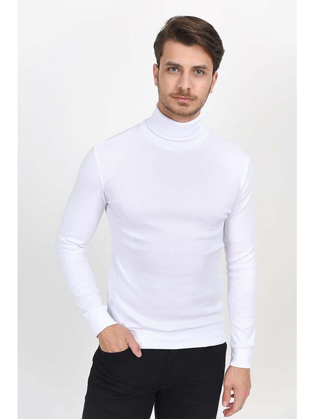 Beyaz Balıkcı Yaka Uzun Kollu Dar Kalıp İnce Erkek Sweatshirt SPR 2019K21-1