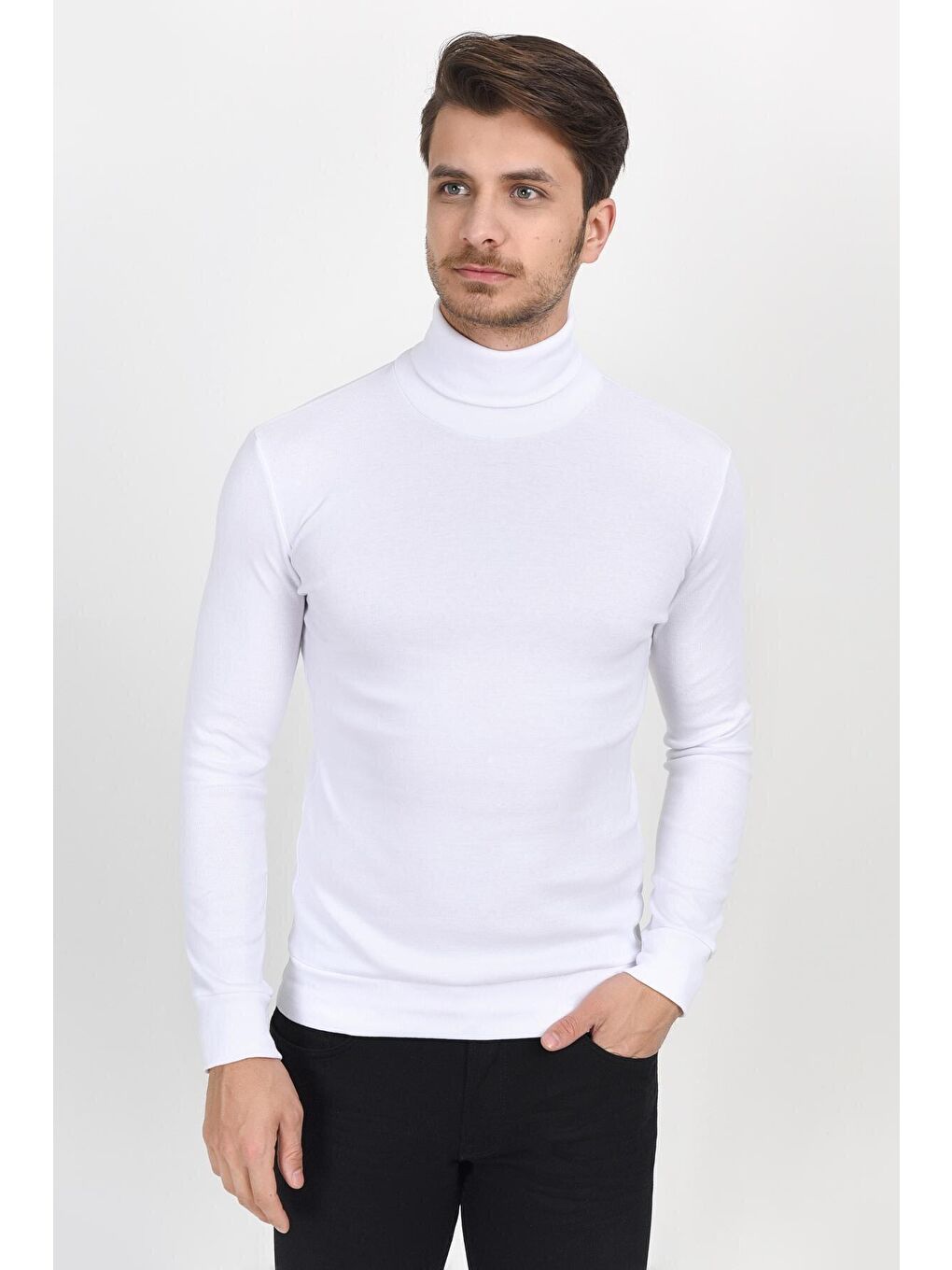 Beyaz Balıkcı Yaka Uzun Kollu Dar Kalıp İnce Erkek Sweatshirt SPR 2019K21-2