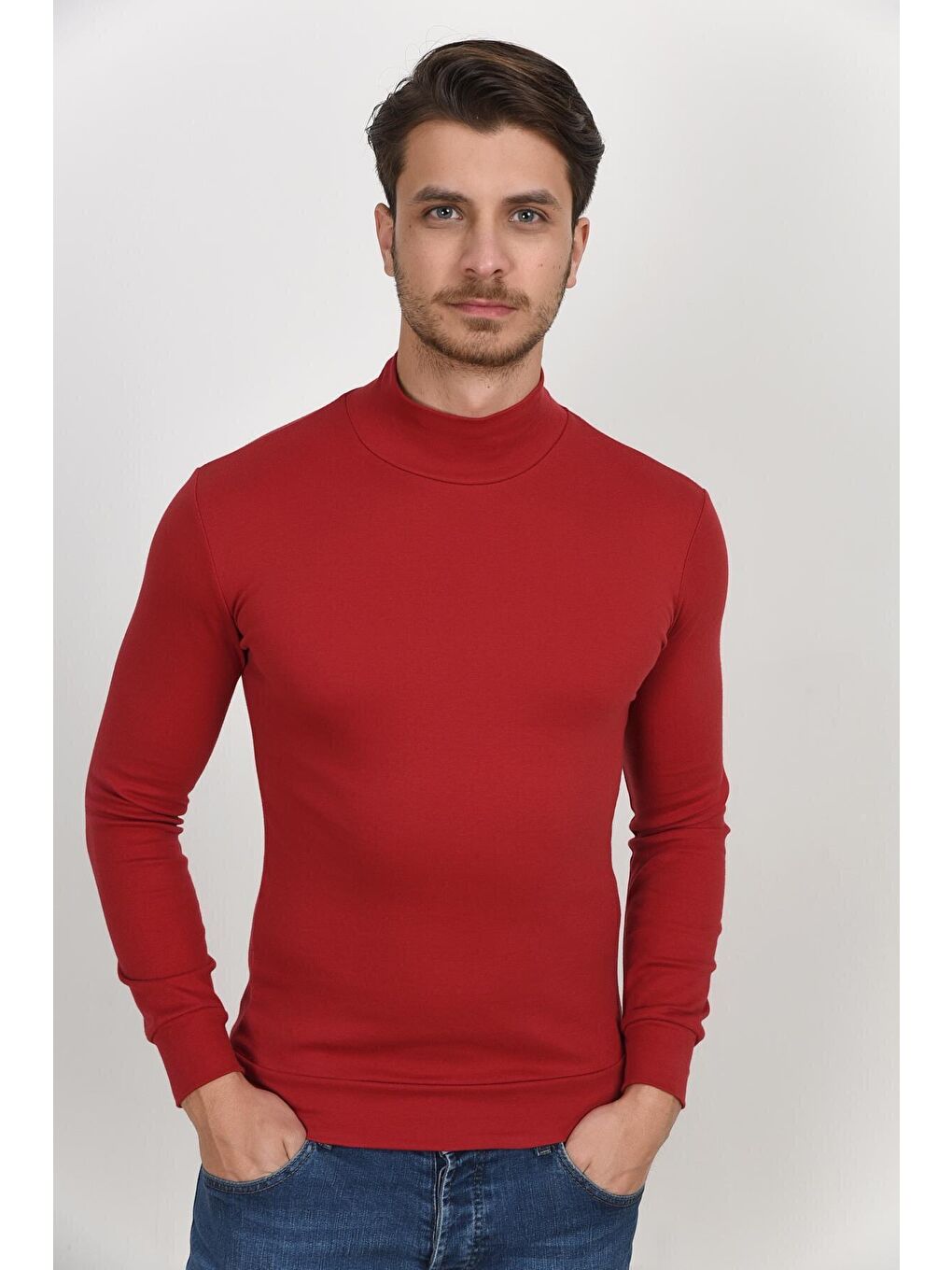 Bordo Yarım Balıkcı Uzun Kollu Dar Kalıp İnce Erkek Sweatshirt SPR 2019K20-2