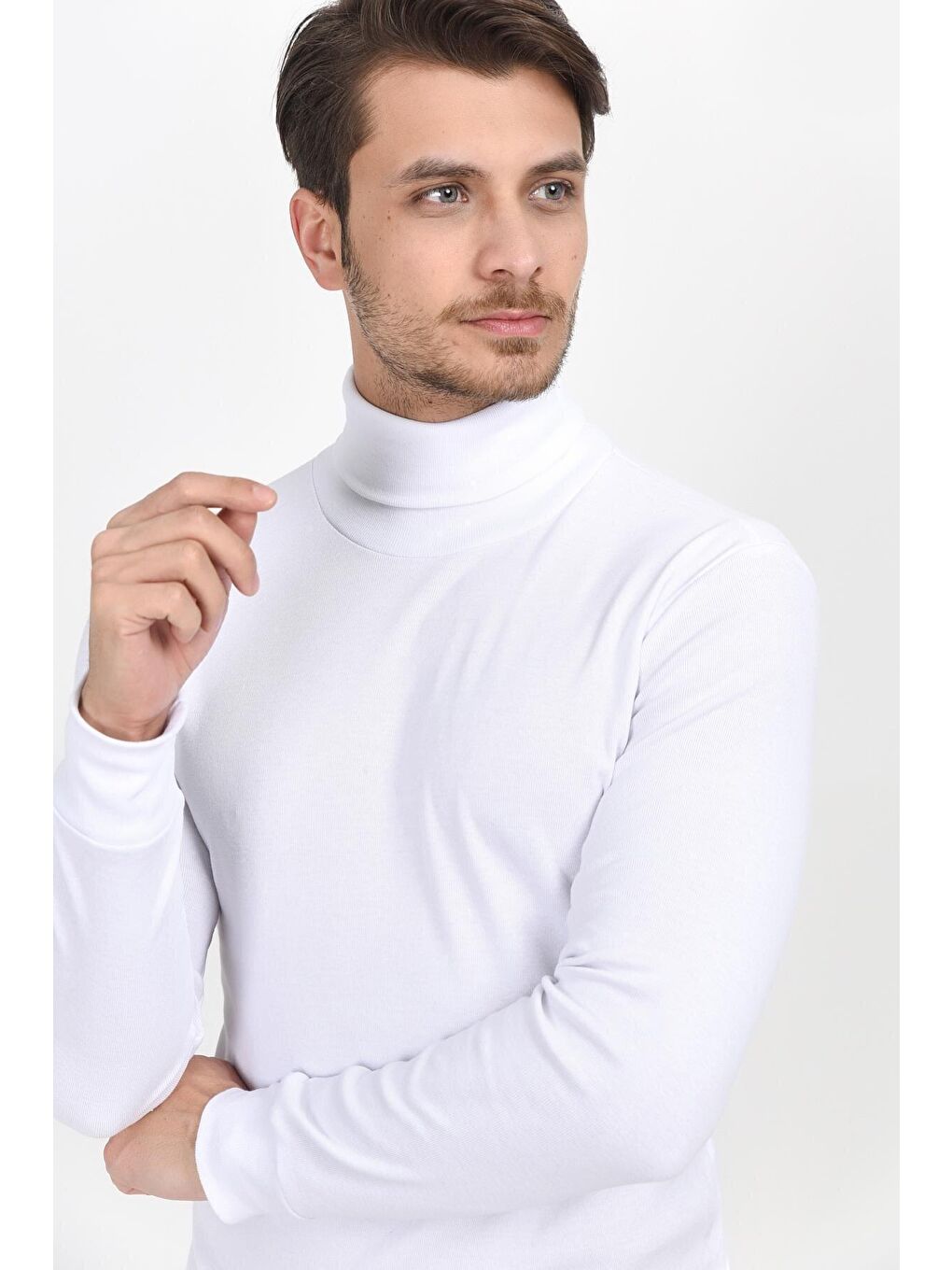 Beyaz Balıkcı Yaka Uzun Kollu Dar Kalıp İnce Erkek Sweatshirt SPR 2019K21-3