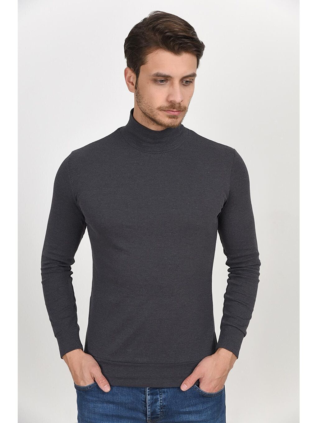 Antrasit Balıkcı Yaka Uzun Kollu Dar Kalıp İnce Erkek Sweatshirt SPR 2019K21