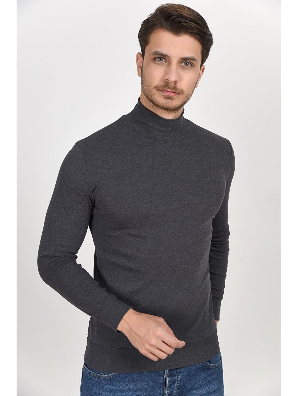 Antrasit Balıkcı Yaka Uzun Kollu Dar Kalıp İnce Erkek Sweatshirt SPR 2019K21-1