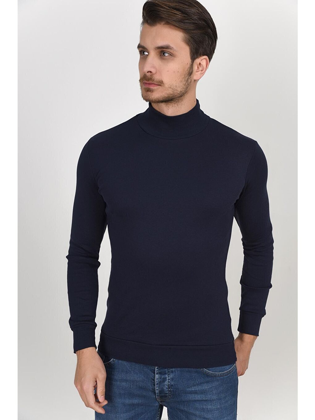 Lacivert Yarım Balıkcı Uzun Kollu Dar Kalıp İnce Erkek Sweatshirt SPR 2019K20-1