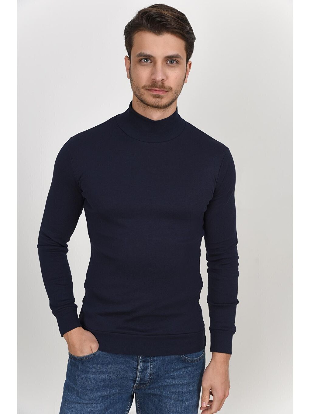 Lacivert Yarım Balıkcı Uzun Kollu Dar Kalıp İnce Erkek Sweatshirt SPR 2019K20-2