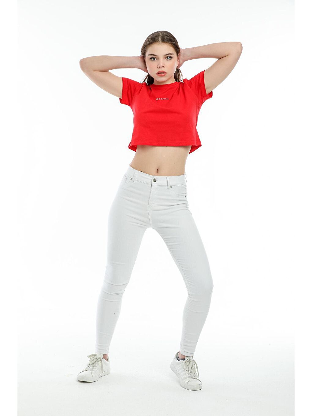 Kırmızı Kadın Bisiklet Yaka Slim Fit Brookyn Baskılı Tişort SPR21Y14-1