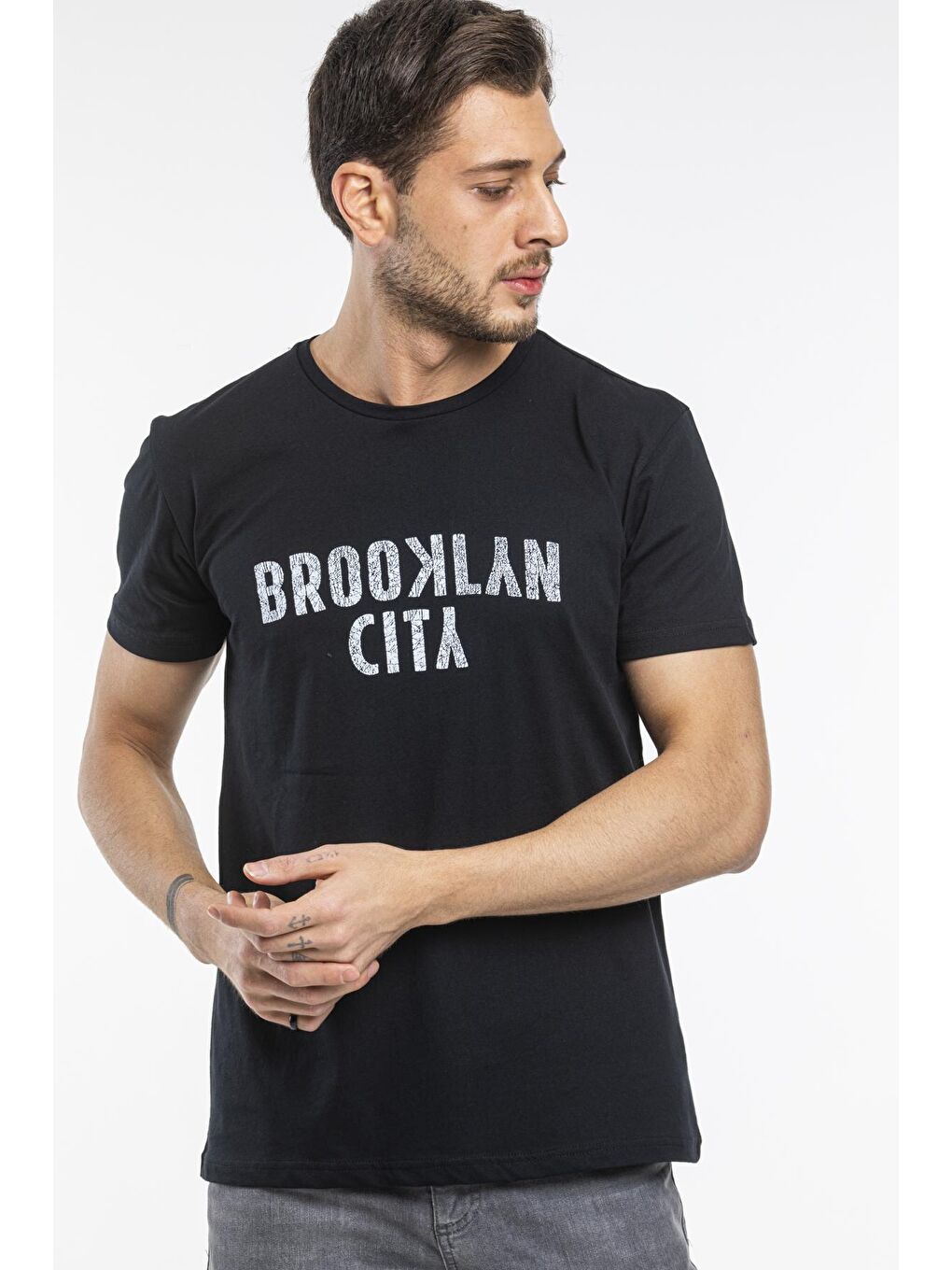 Siyah Bisiklet yaka Brooklyn City Baskılı Erkek Tişört SPR 253-2