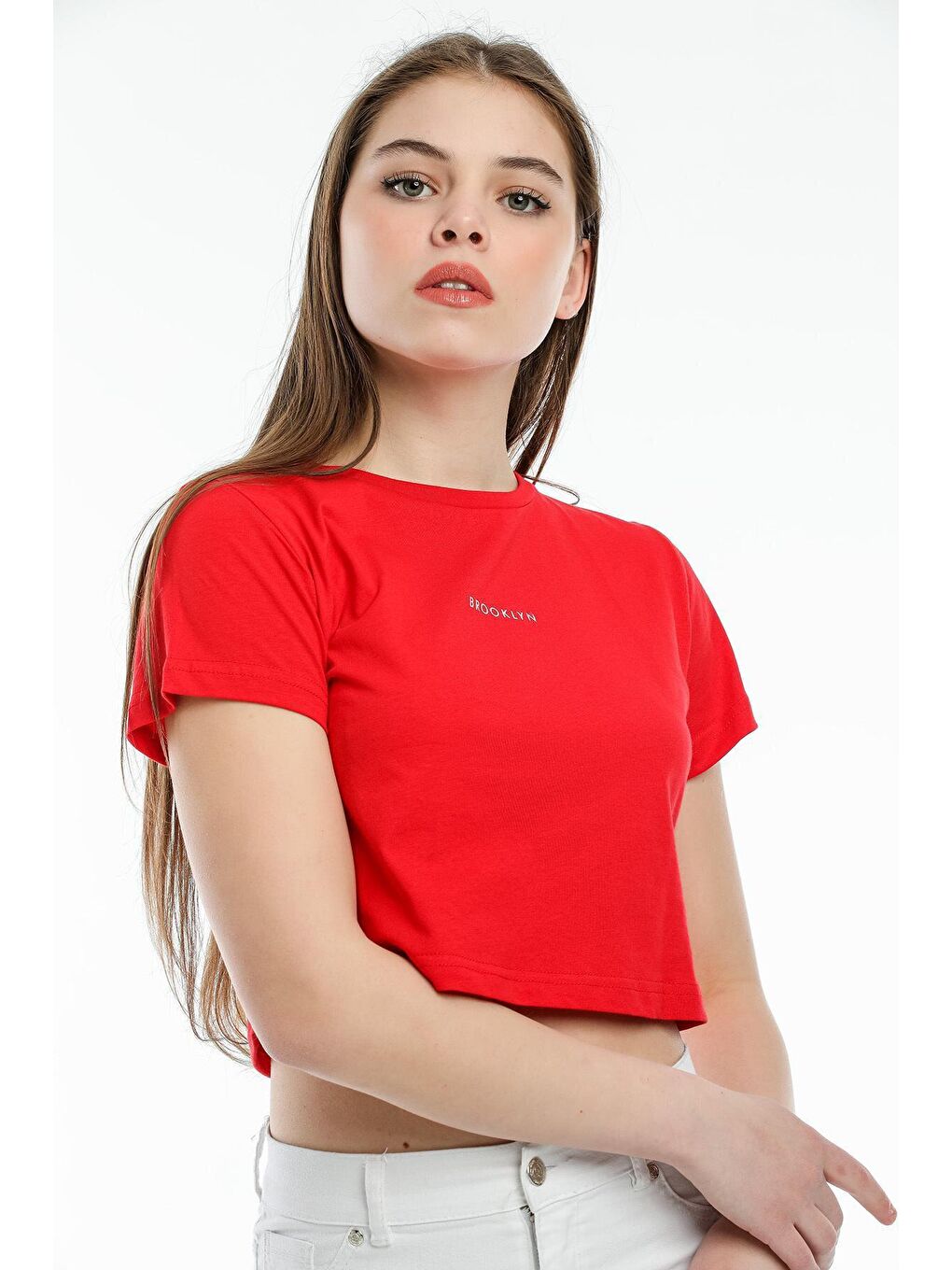 Kırmızı Kadın Bisiklet Yaka Slim Fit Brookyn Baskılı Tişort SPR21Y14-2