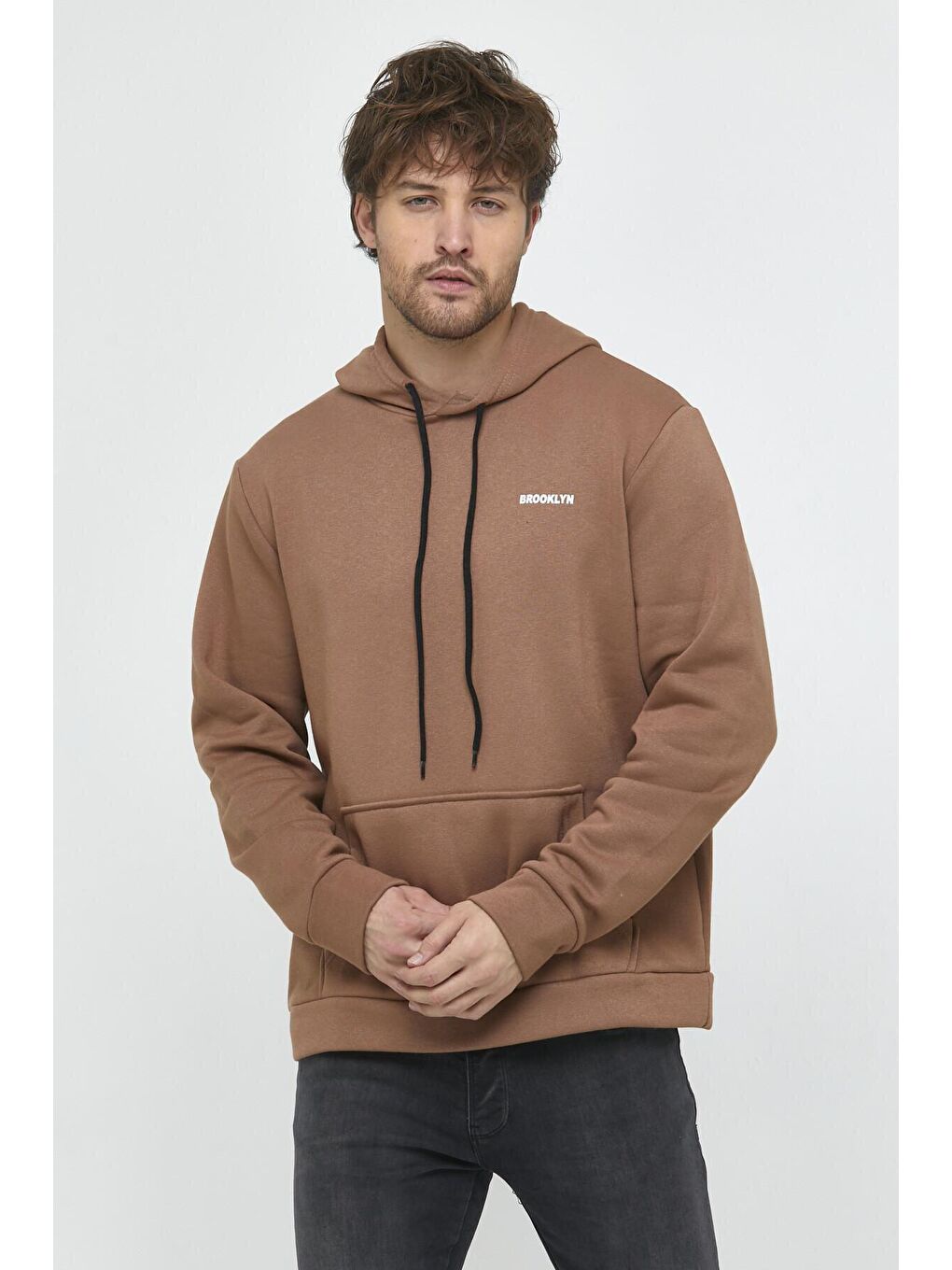 Süperlife Bej Kapüşonlu Uzun Kollu Baskılı Dar Kalıp İnce Erkek Sweatshirt SPR 2019K61