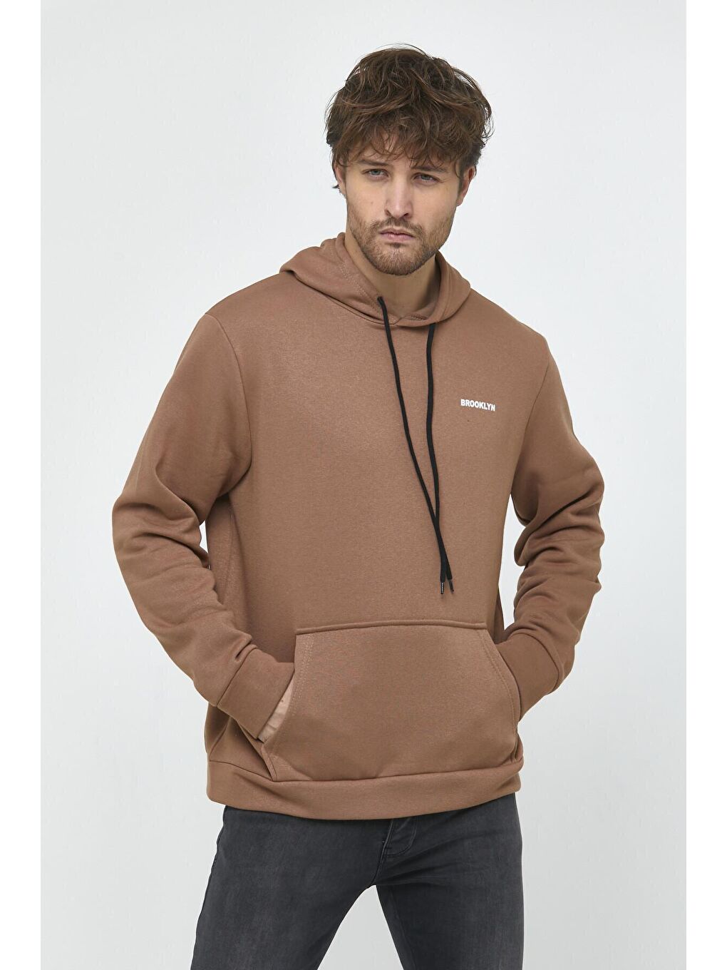 Süperlife Bej Kapüşonlu Uzun Kollu Baskılı Dar Kalıp İnce Erkek Sweatshirt SPR 2019K61 - 1