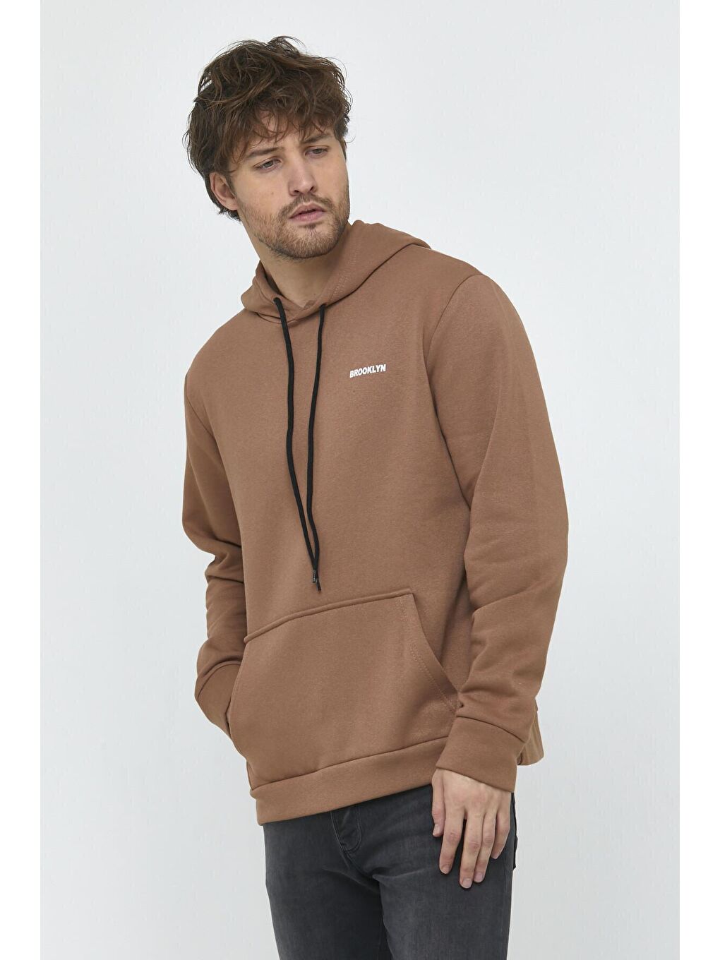 Süperlife Bej Kapüşonlu Uzun Kollu Baskılı Dar Kalıp İnce Erkek Sweatshirt SPR 2019K61 - 2