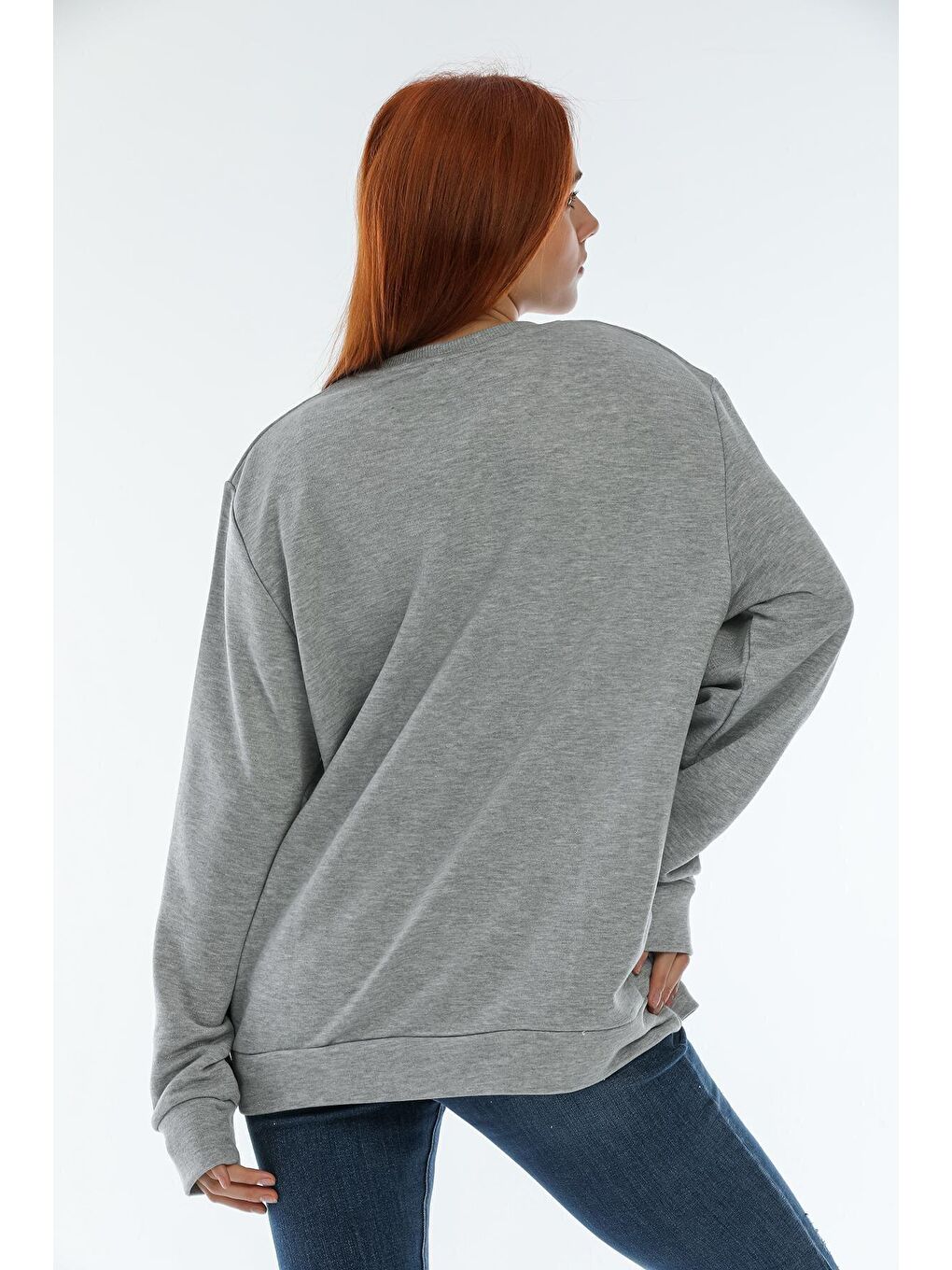 Gri Kadın Bisiklet Yaka Oversize Fit Aır Baskılı İnce Sweatshirt SPR22SWK101-2