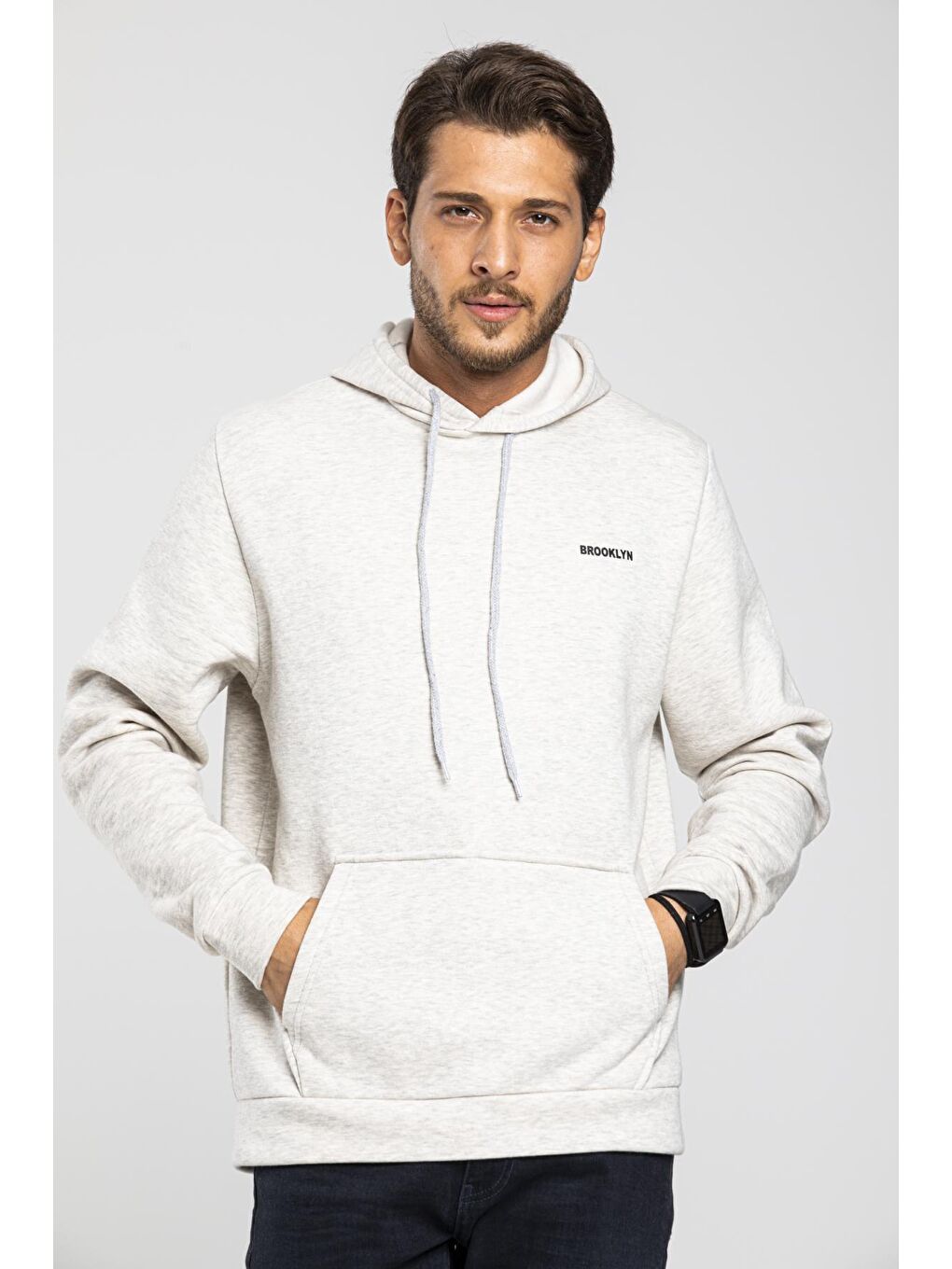 Süperlife Ekru Kapüşonlu Uzun Kollu Baskılı Dar Kalıp İnce Erkek Sweatshirt SPR 2019K61