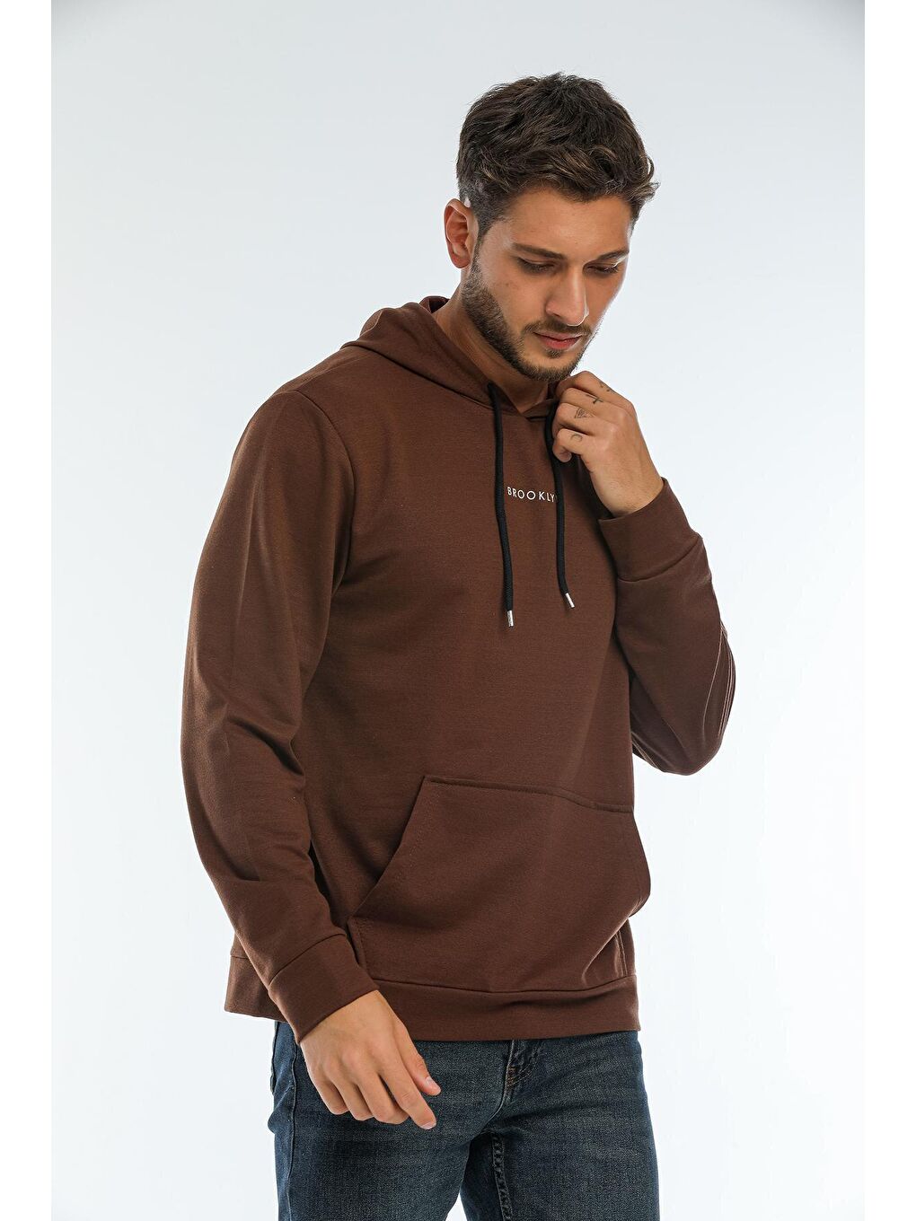 Süperlife Kahverengi Erkek Kapüşonlu Regular Fit Brooklyn Baskılı İnce Sweatshirt SPR22SW161