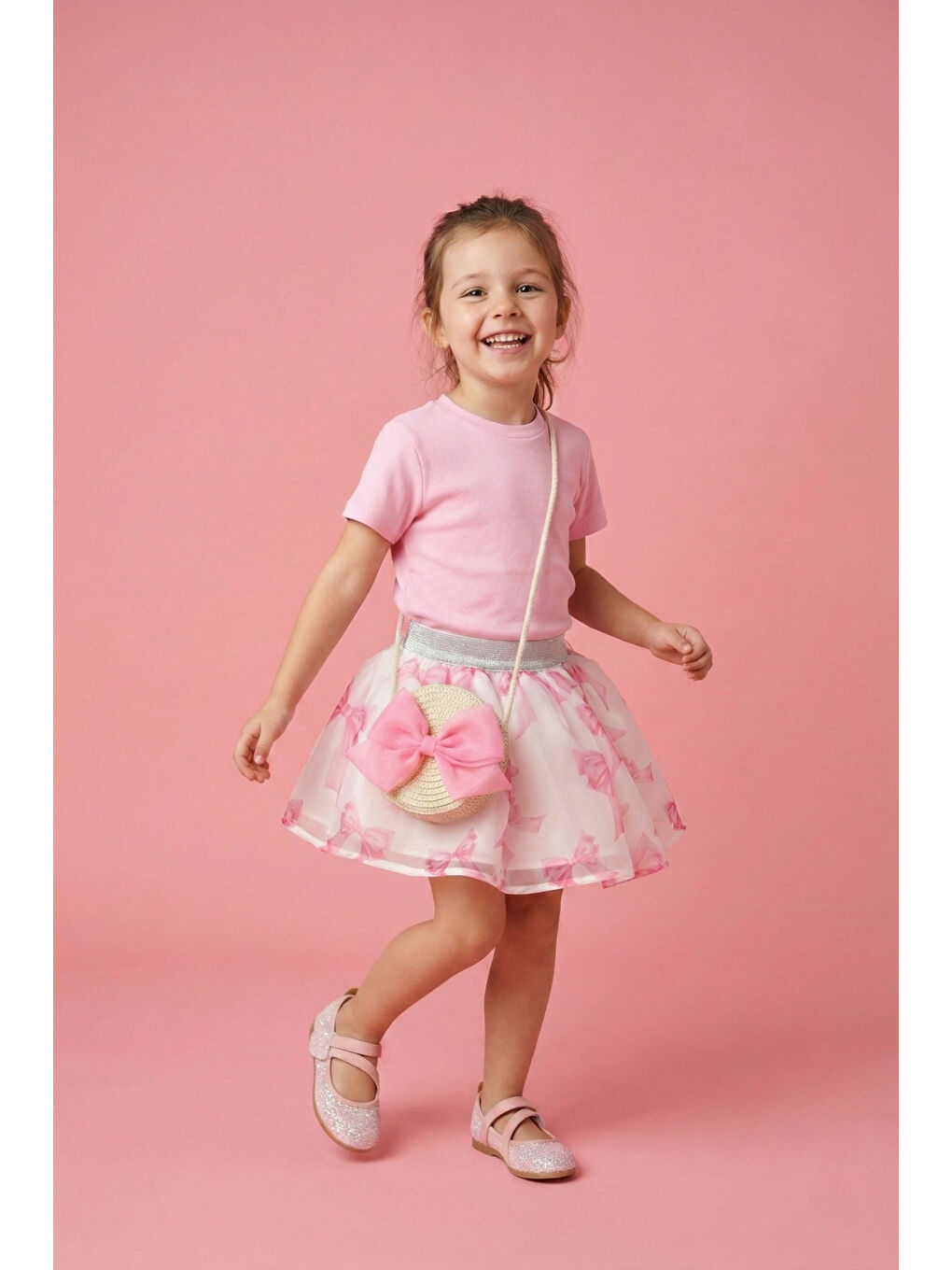 Fuşya Fiyonk Baskılı Organze Kız Çocuk Etek - Harper
