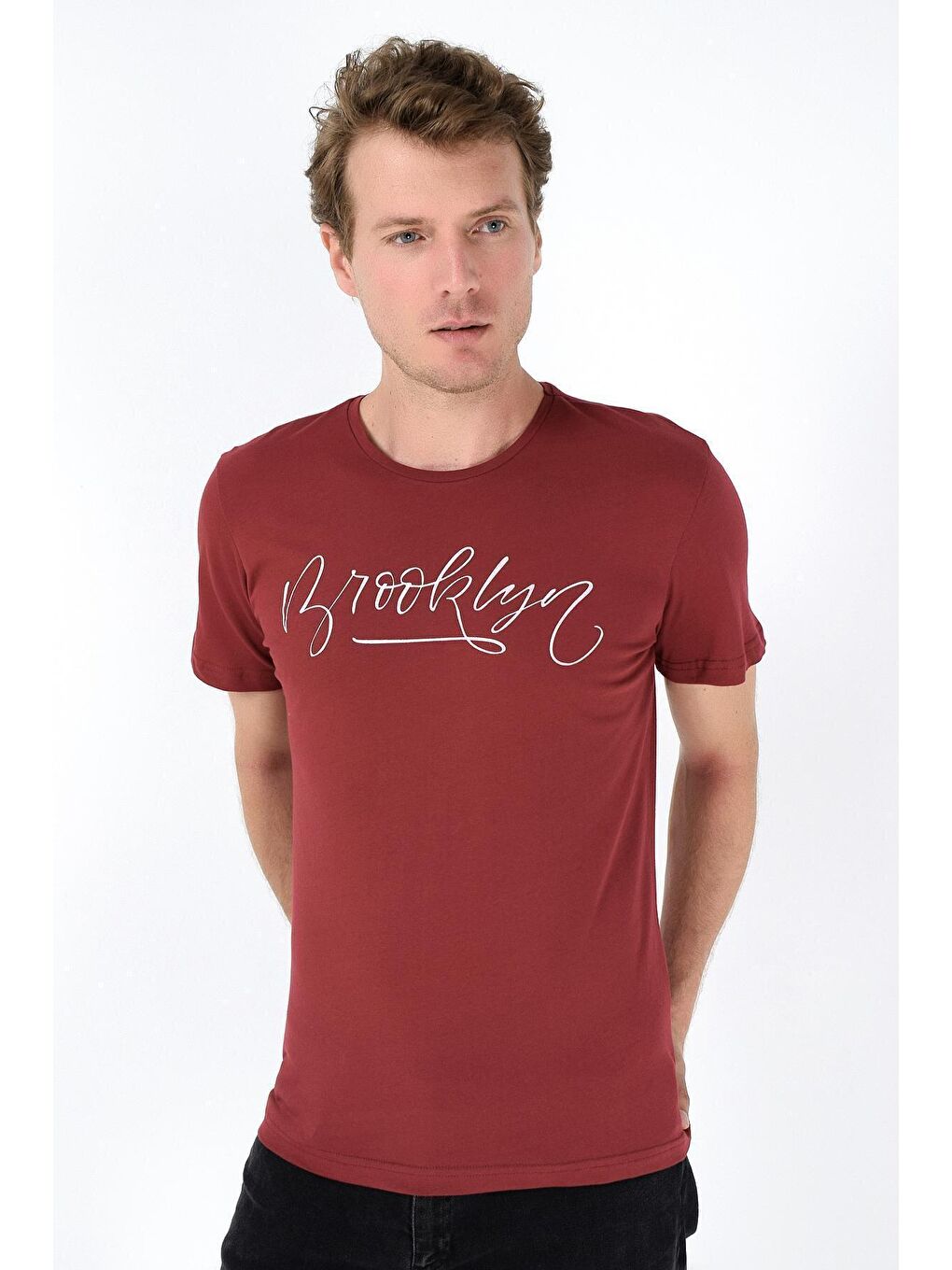 Bordo Bisiklet Yaka Dar Kalıp Baskılı Erkek Tişört SPR 261-1