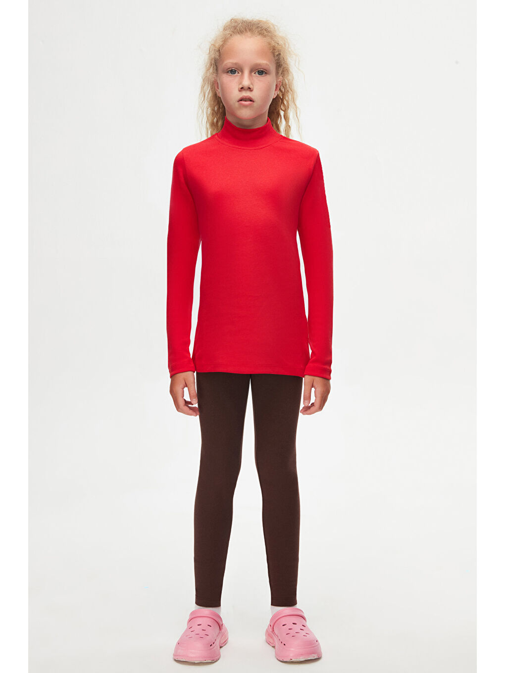 Açık Kırmızı Kız Çocuk Yarım Balıkçı Uzun Kol Tişört