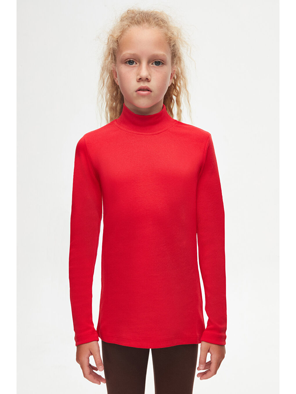 Açık Kırmızı Kız Çocuk Yarım Balıkçı Uzun Kol Tişört-1