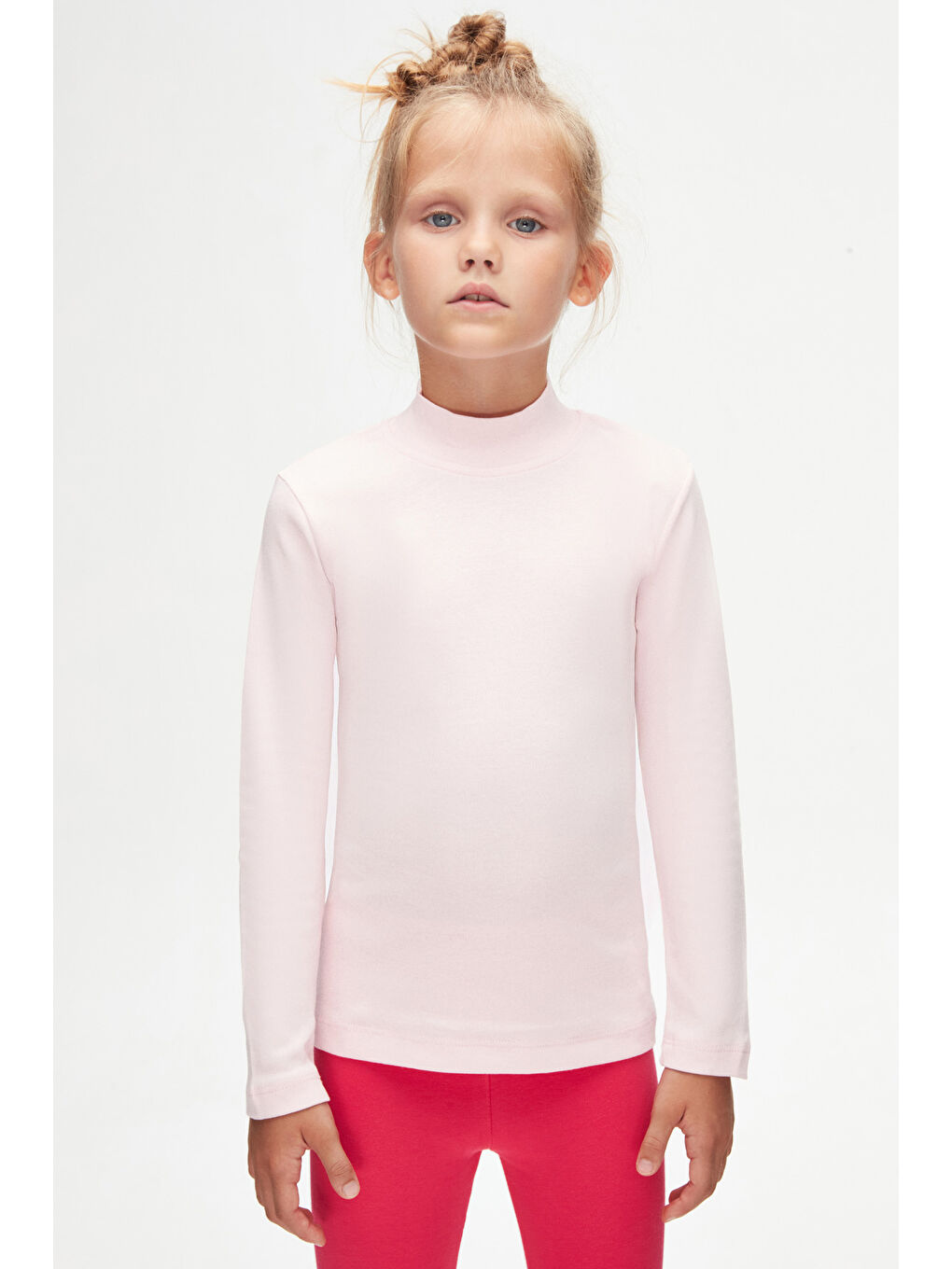 Pembe Uçuk pembe Kız Çocuk Yarım Balıkçı Uzun Kol Tişört-1