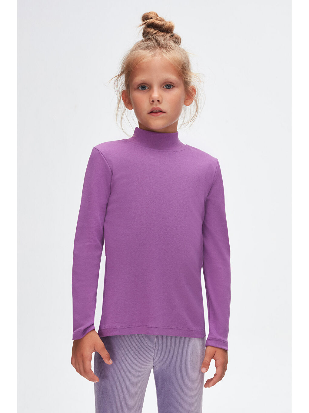Açık Mor Kız Çocuk Yarım Balıkçı Uzun Kol Tişört-1